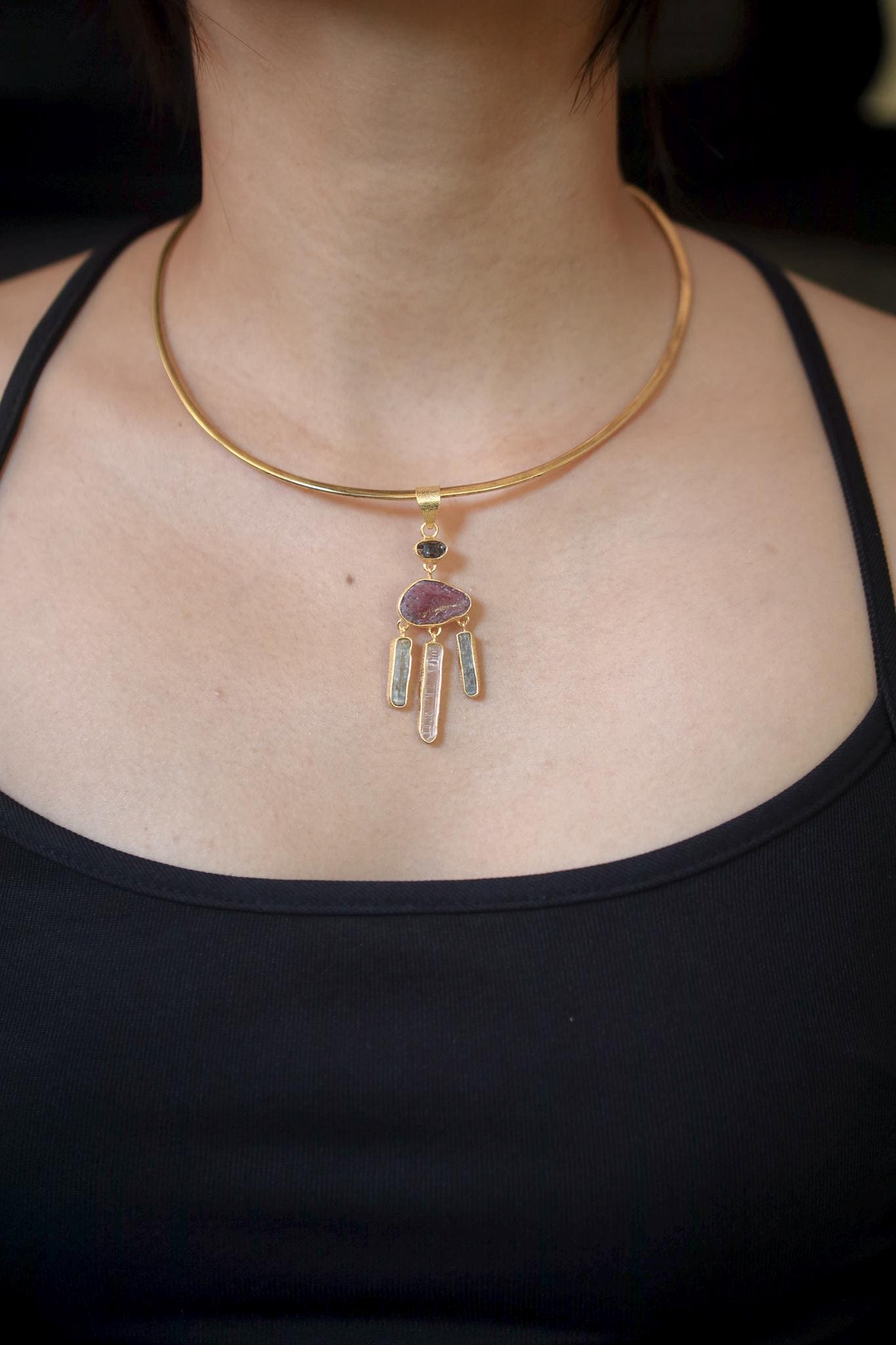 Ruby Aquamarine Quartz Dreamcatcher Pendant, Petroleum Quartz Talisman, 18k Gold Over 925 Silver, Heart & Throat Chakra Healing Gift