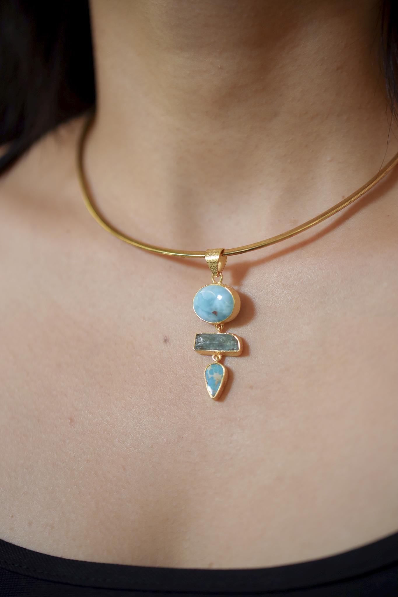 Larimar Aquamarine Turquoise Pendant, Gold Plated Silver, Boho Talisman
