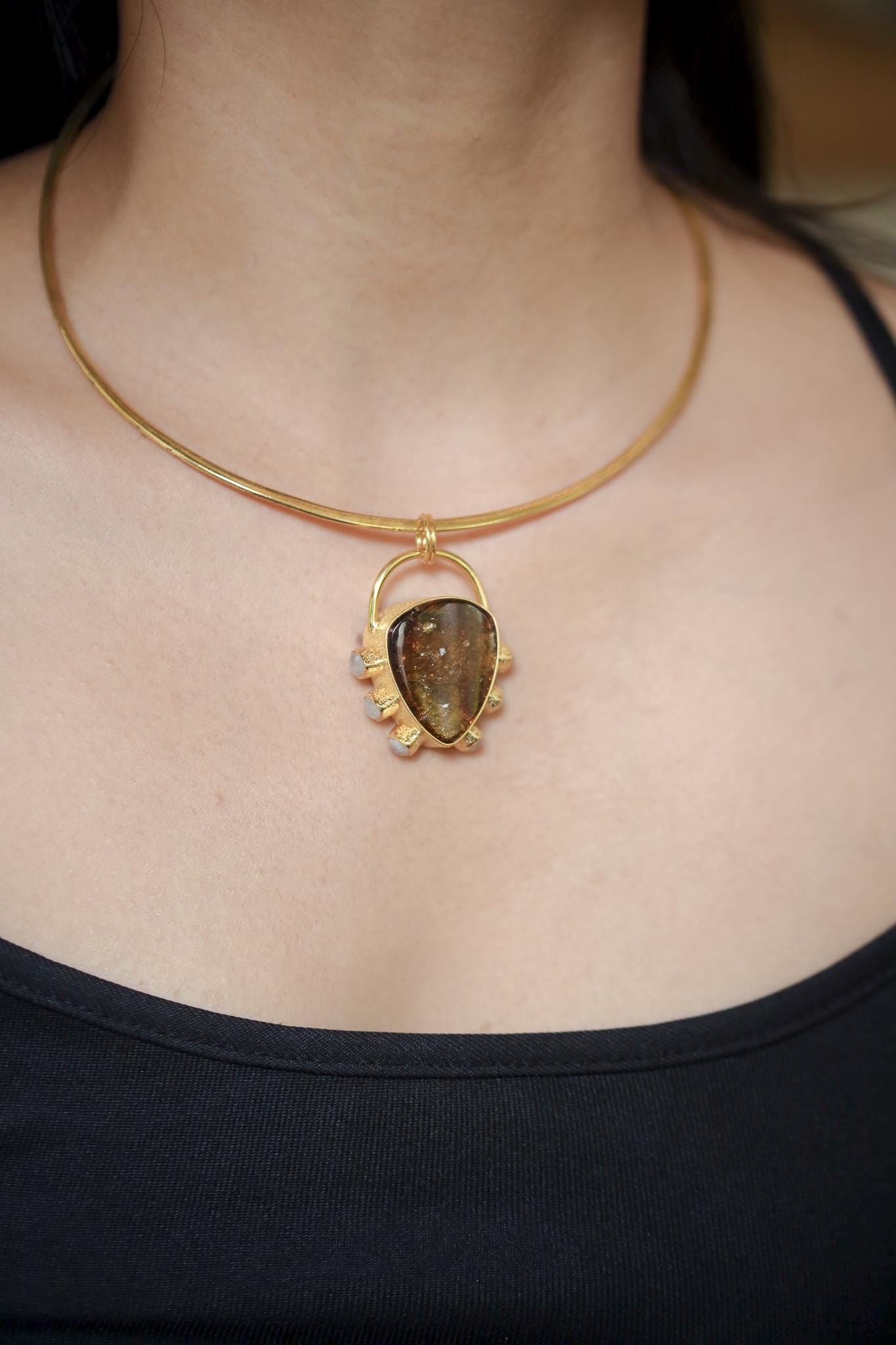 Brown Dravite Tourmaline & Blue Moonstone Pendant, 925 Silver 18k Gold Plated, Organic Texture, Chakra Healing, Unique Gift Jewelry
