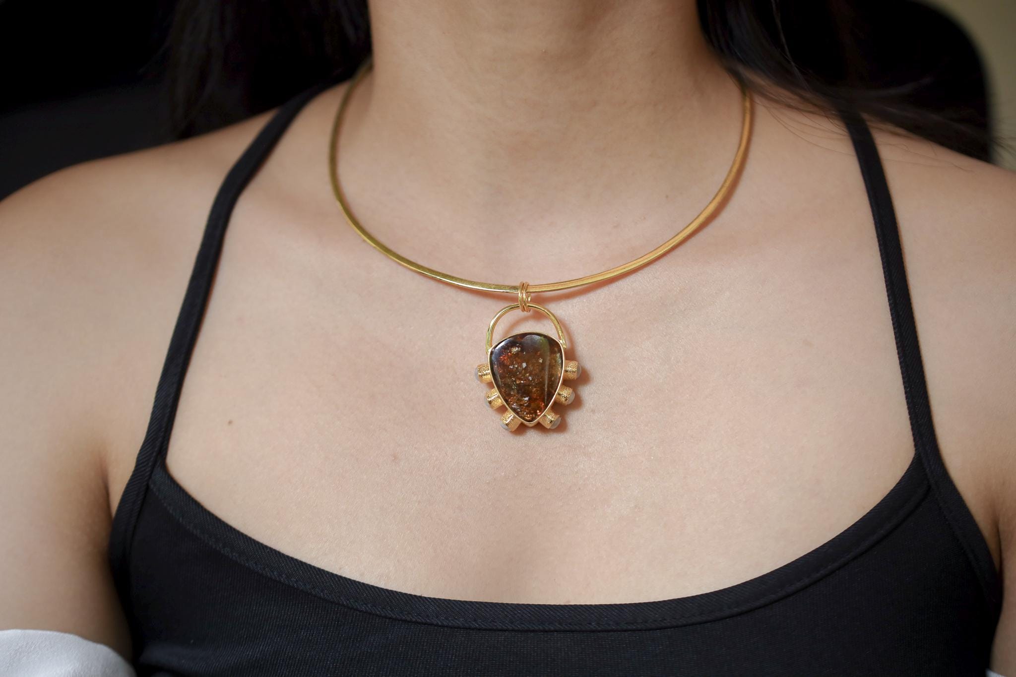 Brown Dravite Tourmaline & Blue Moonstone Pendant, 925 Silver 18k Gold Plated, Organic Texture, Chakra Healing, Unique Gift Jewelry