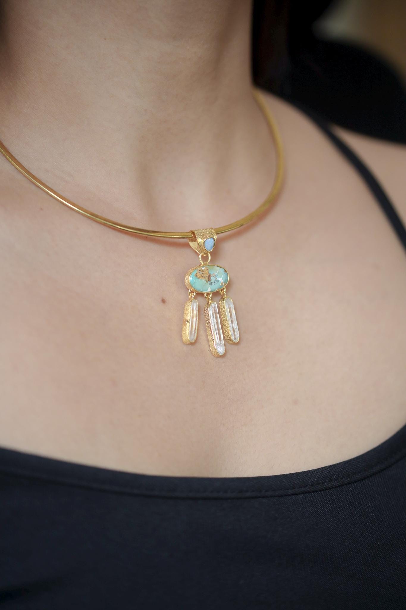 Turquoise Quartz Opal Pendant, Gold Plated 925 Silver, Dreamcatcher Talisman, Raw Clear Quartz, Third Eye Healing, Boho Crystal Jewelry