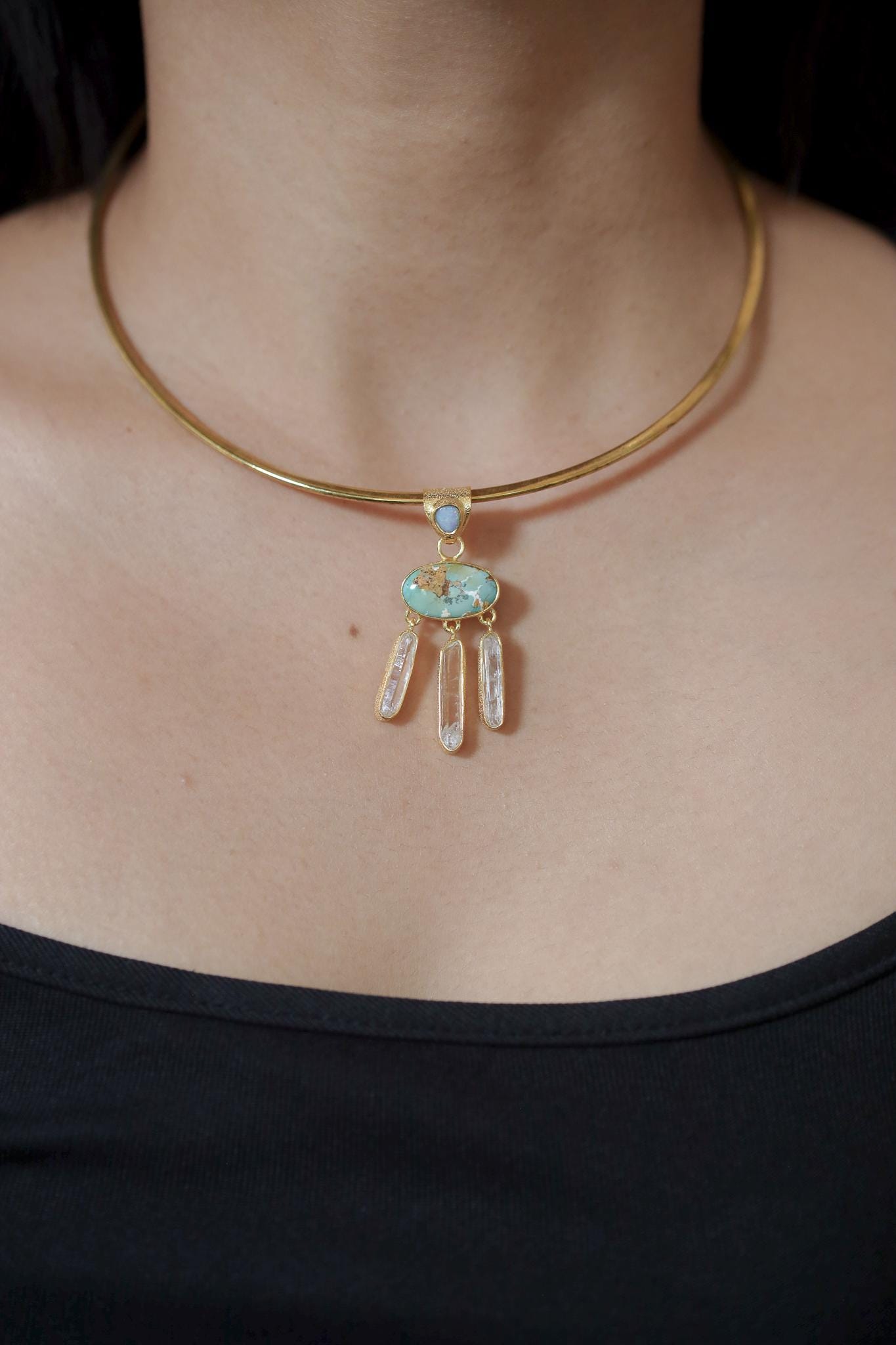 Turquoise Quartz Opal Pendant, Gold Plated 925 Silver, Dreamcatcher Talisman, Raw Clear Quartz, Third Eye Healing, Boho Crystal Jewelry