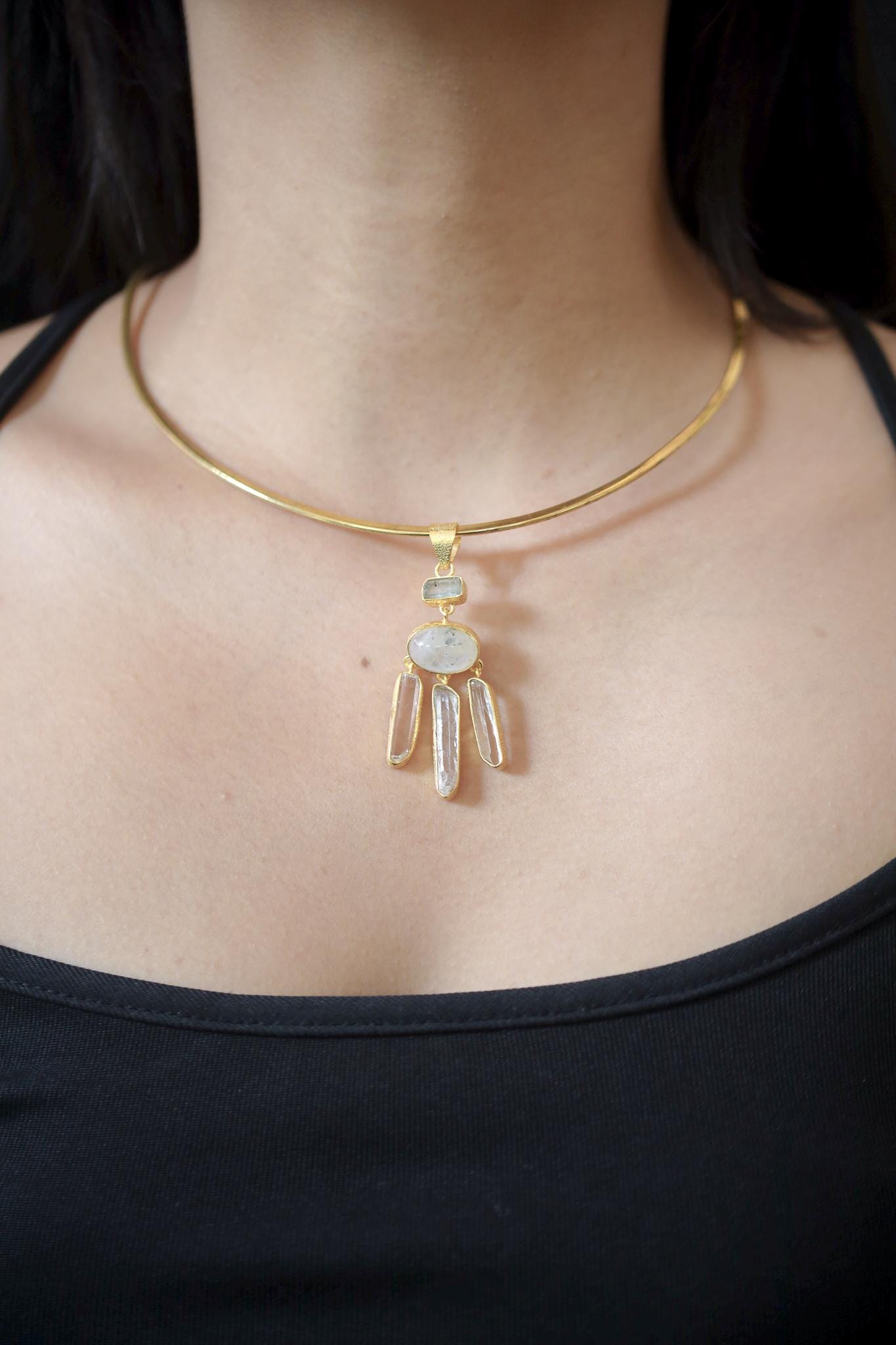 Aquamarine Moonstone Clear Quartz Pendant 18k Gold Plated Silver Tribal Texture Meditation Necklace Gift
