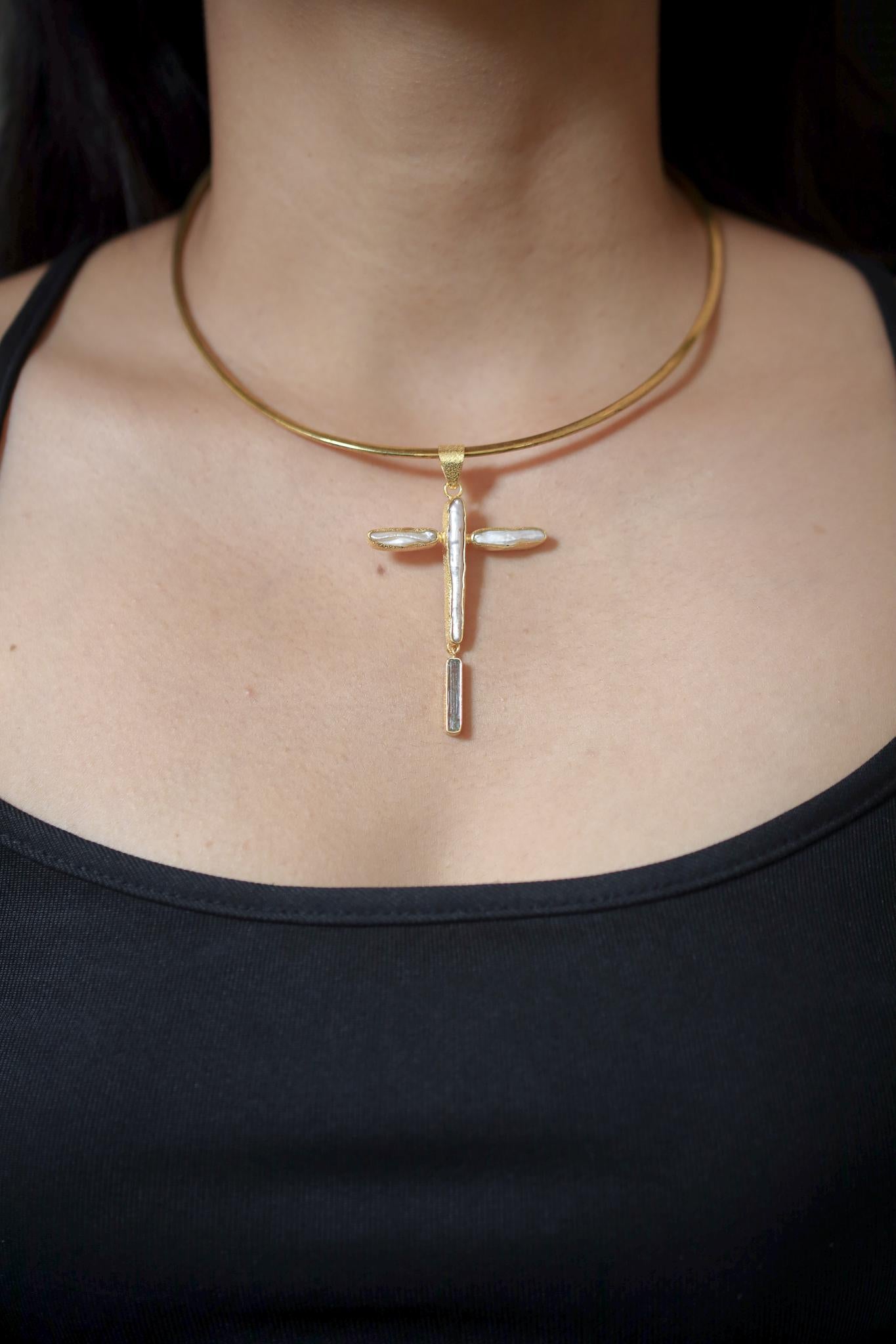 Raw Aquamarine & Pearl Cross Pendant, 925 Silver, Sacred Symbol Necklace, Spiritual Jewelry, Organic Texture, 18k Gold Plated,Christmas Gift