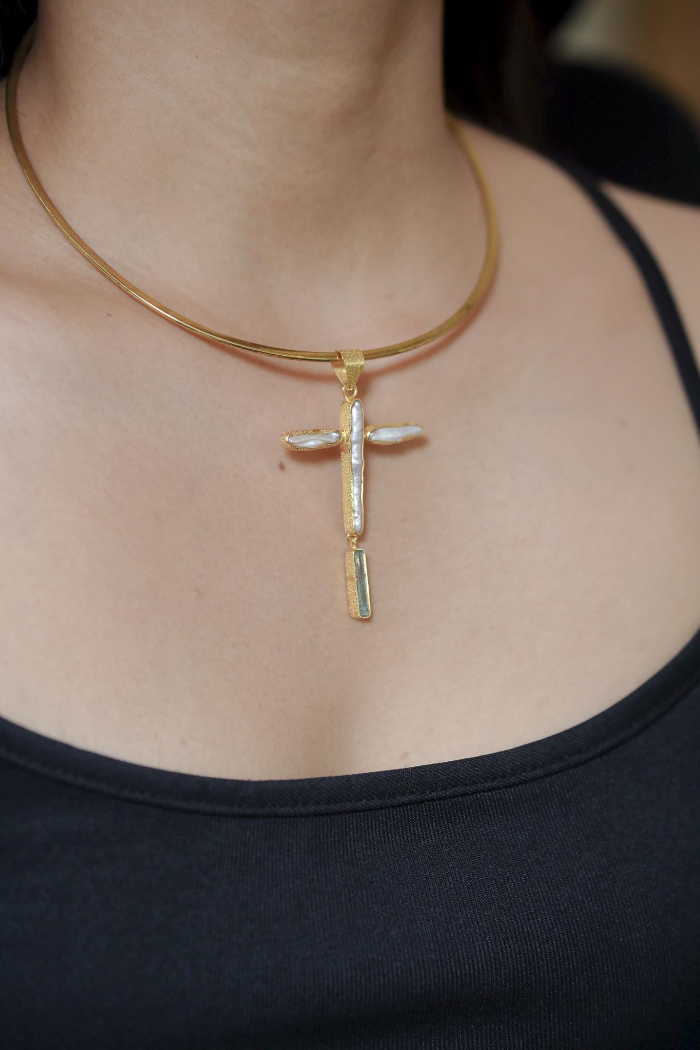 Raw Aquamarine & Pearl Cross Pendant, 925 Silver, Sacred Symbol Necklace, Spiritual Jewelry, Organic Texture, 18k Gold Plated,Christmas Gift