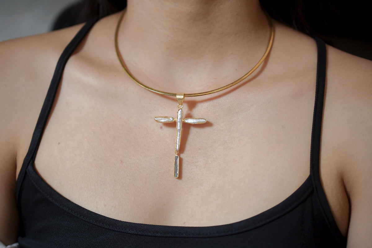 Raw Aquamarine & Pearl Cross Pendant, 925 Silver, Sacred Symbol Necklace, Spiritual Jewelry, Organic Texture, 18k Gold Plated,Christmas Gift