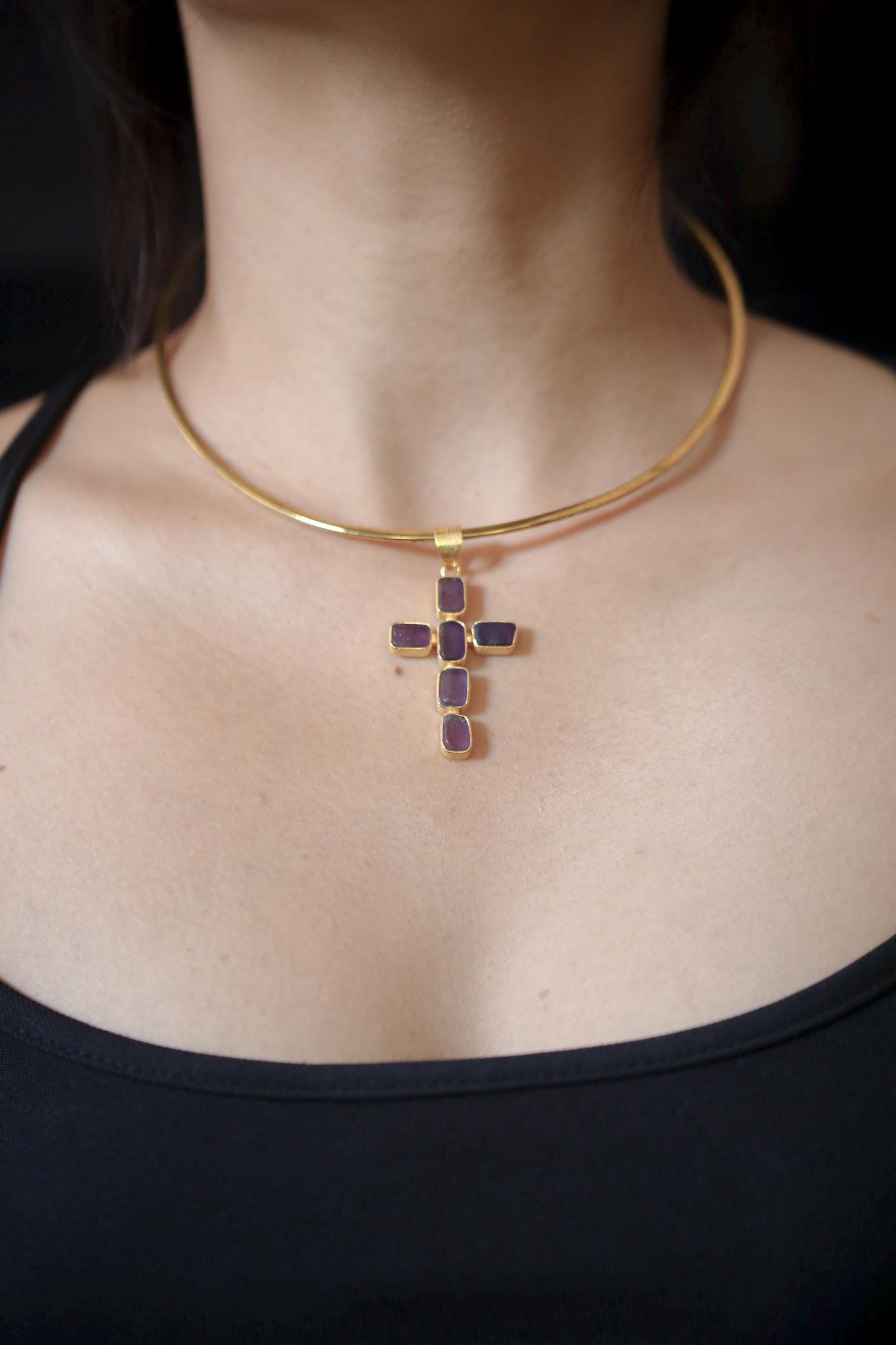 Amethyst Cross Pendant, Raw Square Gemstones, 925 Silver 18K Gold Plated, Spiritual Necklace, Organic Finish, Chakra Healing Gift