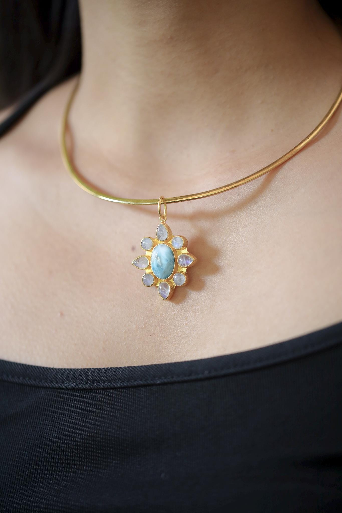Larimar Blue Moonstone Flower Pendant, 18K Gold Plated 925 Silver, Handmade Amulet