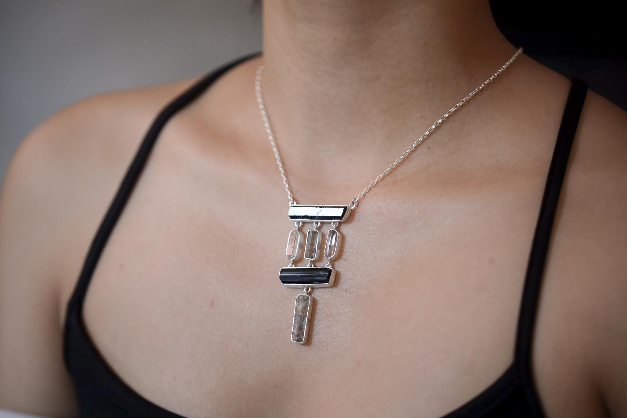 Black Tourmaline Quartz Aquamarine Pendant 925 Silver Raw Crystal Necklace Protection Throat Root Chakra Gift