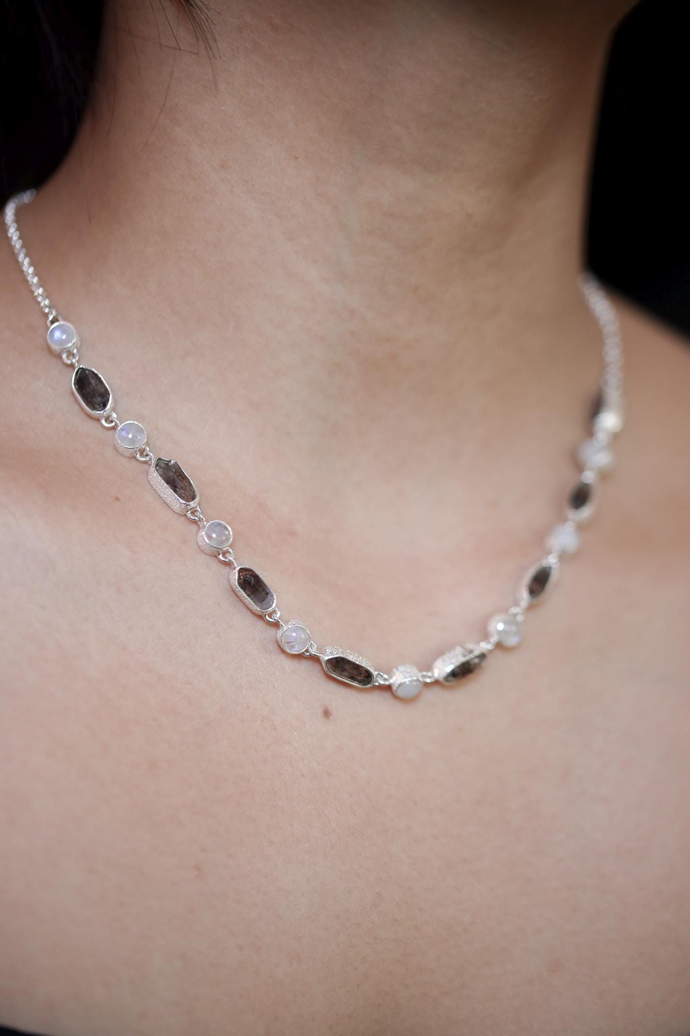 Petroleum Smoky Quartz Moonstone Necklace, 925 Silver, Raw Crystal Collar, High Shine Rolo Chain, Crown Chakra, Mystic Boho Jewelry