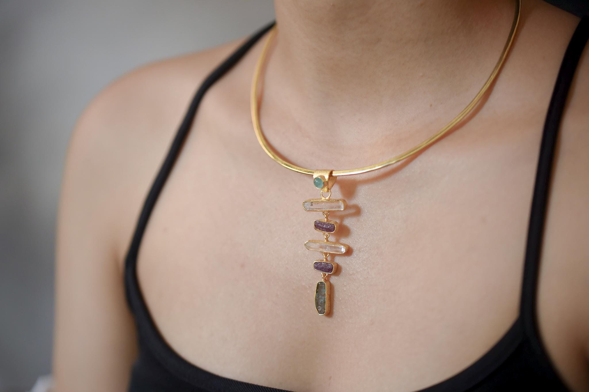 Aquamarine Ruby Petroleum Quartz Pendant, 925 Silver 18k Gold Plated, DT Raw Crystals, Chakra Talisman Jewelry, Gift for Her