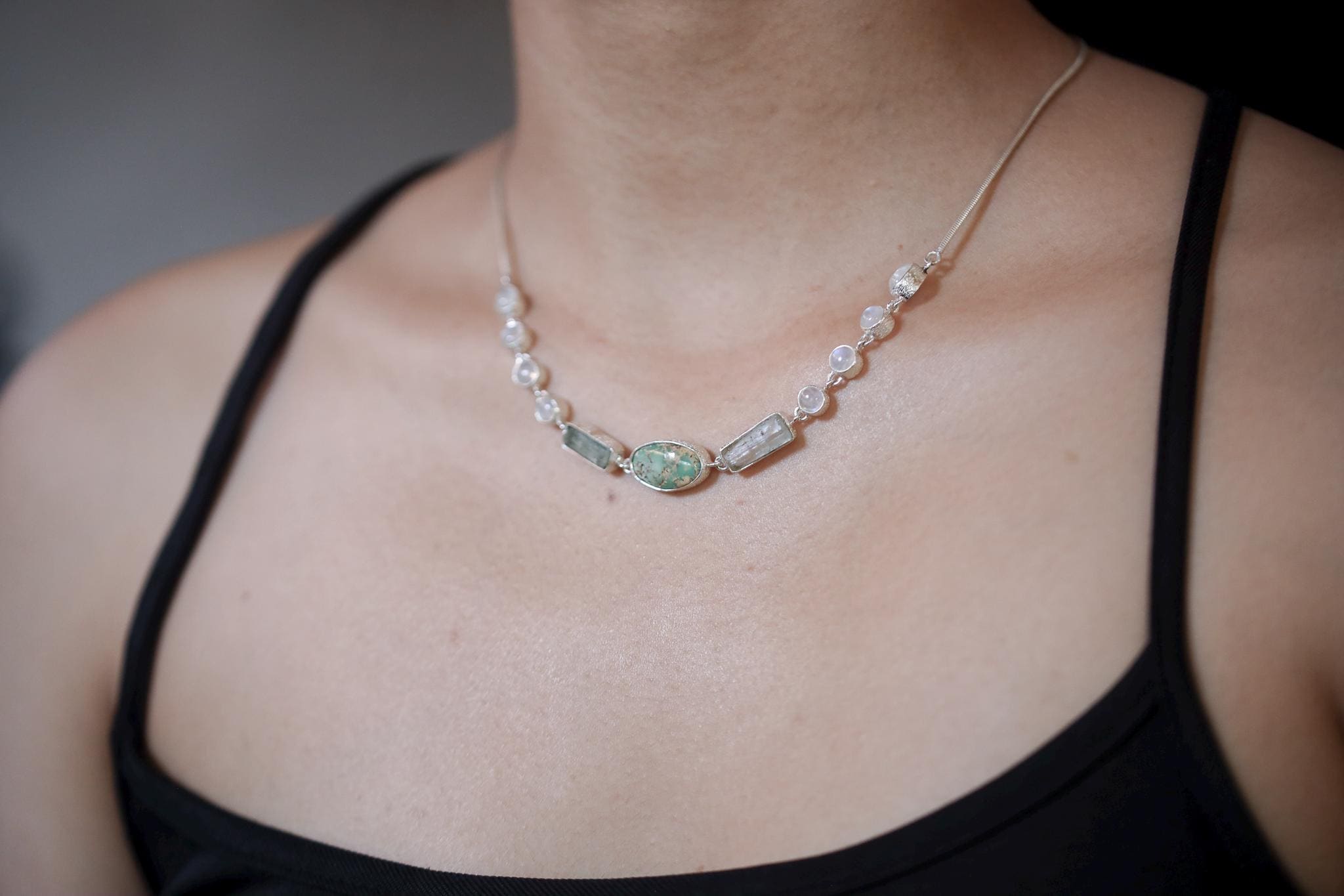 Arizona Turquoise, Aquamarine, Moonstone Necklace, 925 Silver Snake Chain, Raw Crystals, Boho Jewelry, Chakra Healing Gift, Organic Texture