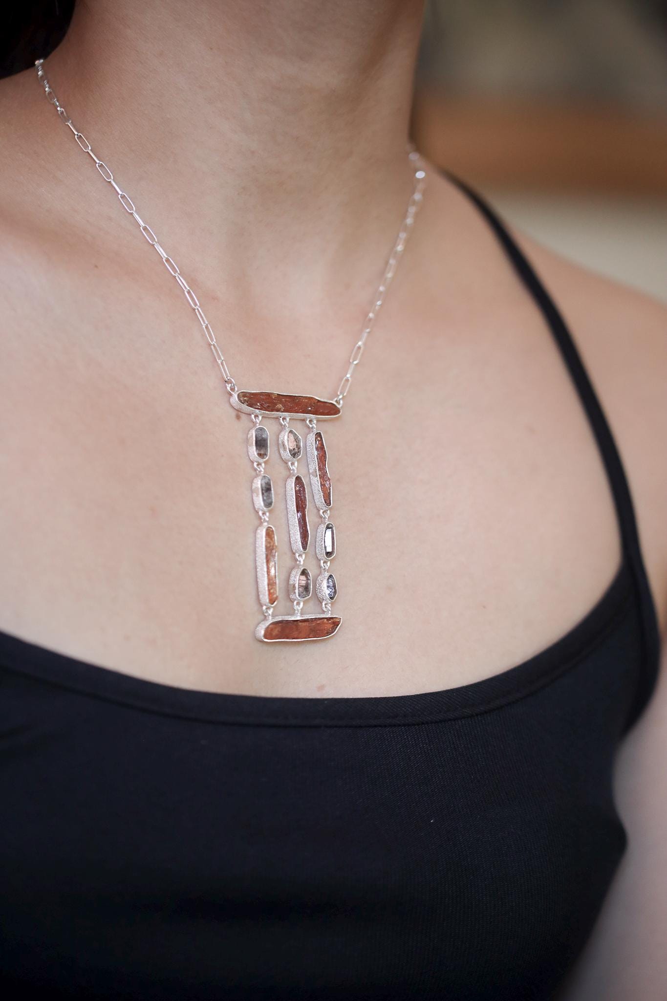 Red Kyanite & Petroleum Smoky Quartz Dangle Necklace, Sterling Silver, Organic Textured Finish, Raw Crystal Necklace, Boho Statement Jewelry