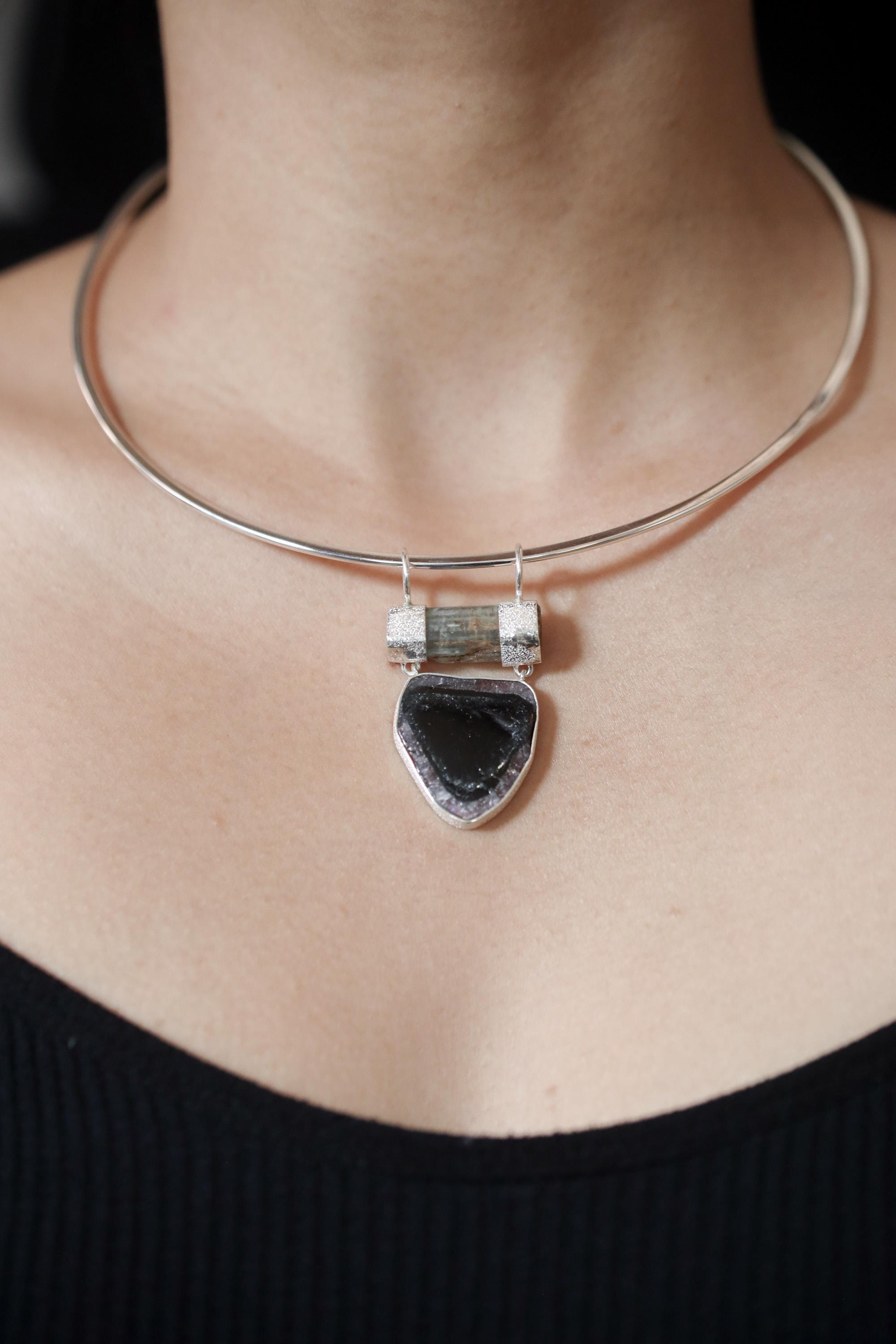 Aquamarine Watermelon Tourmaline Pendant, 925 Silver, Raw Crystal Jewelry, Shield Pendant, Double Bail, High Shine, Boho Gemstone Gift