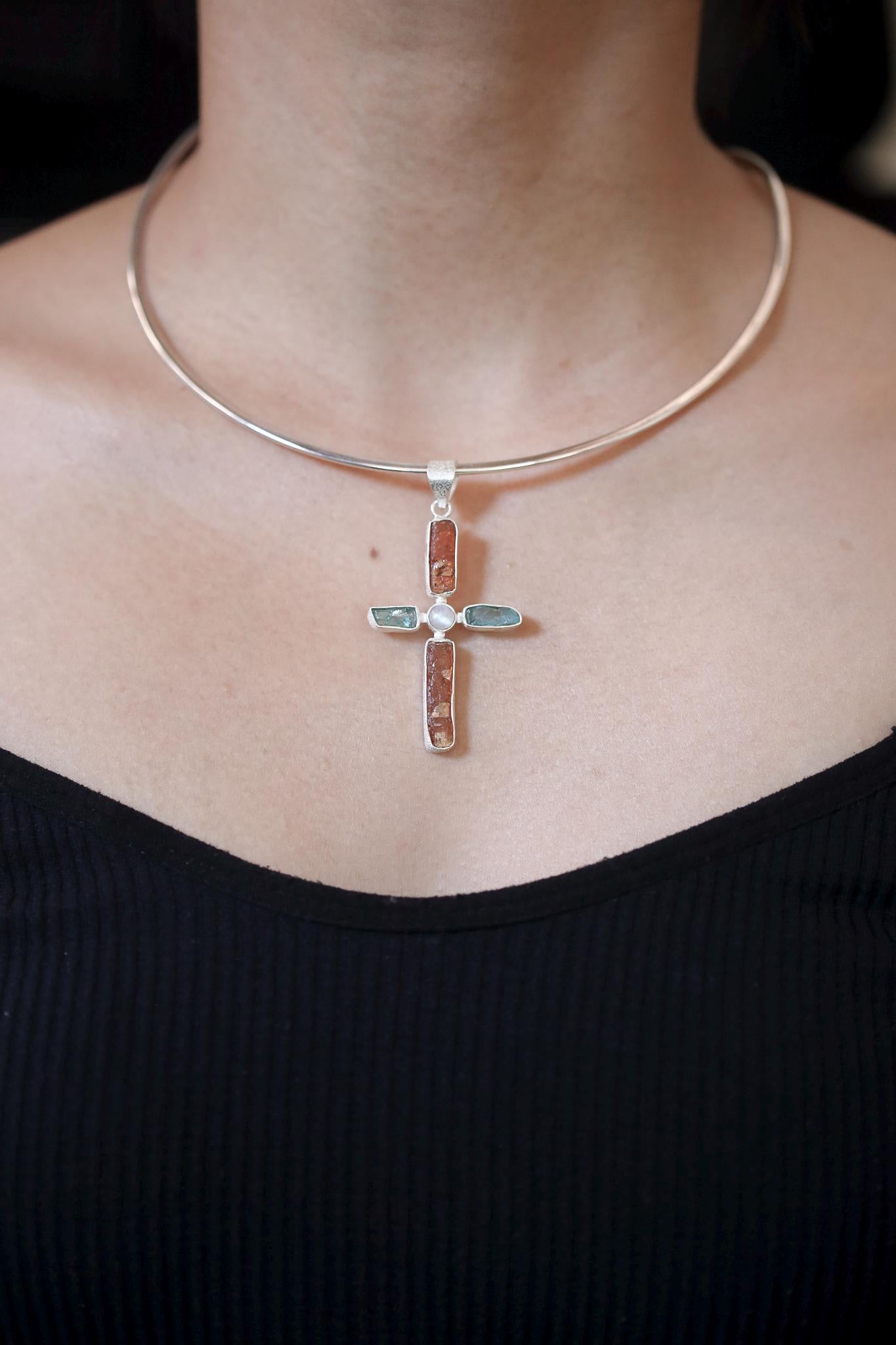 Red Kyanite Moonstone Cross Pendant: Raw Stone 925 Sterling Silver