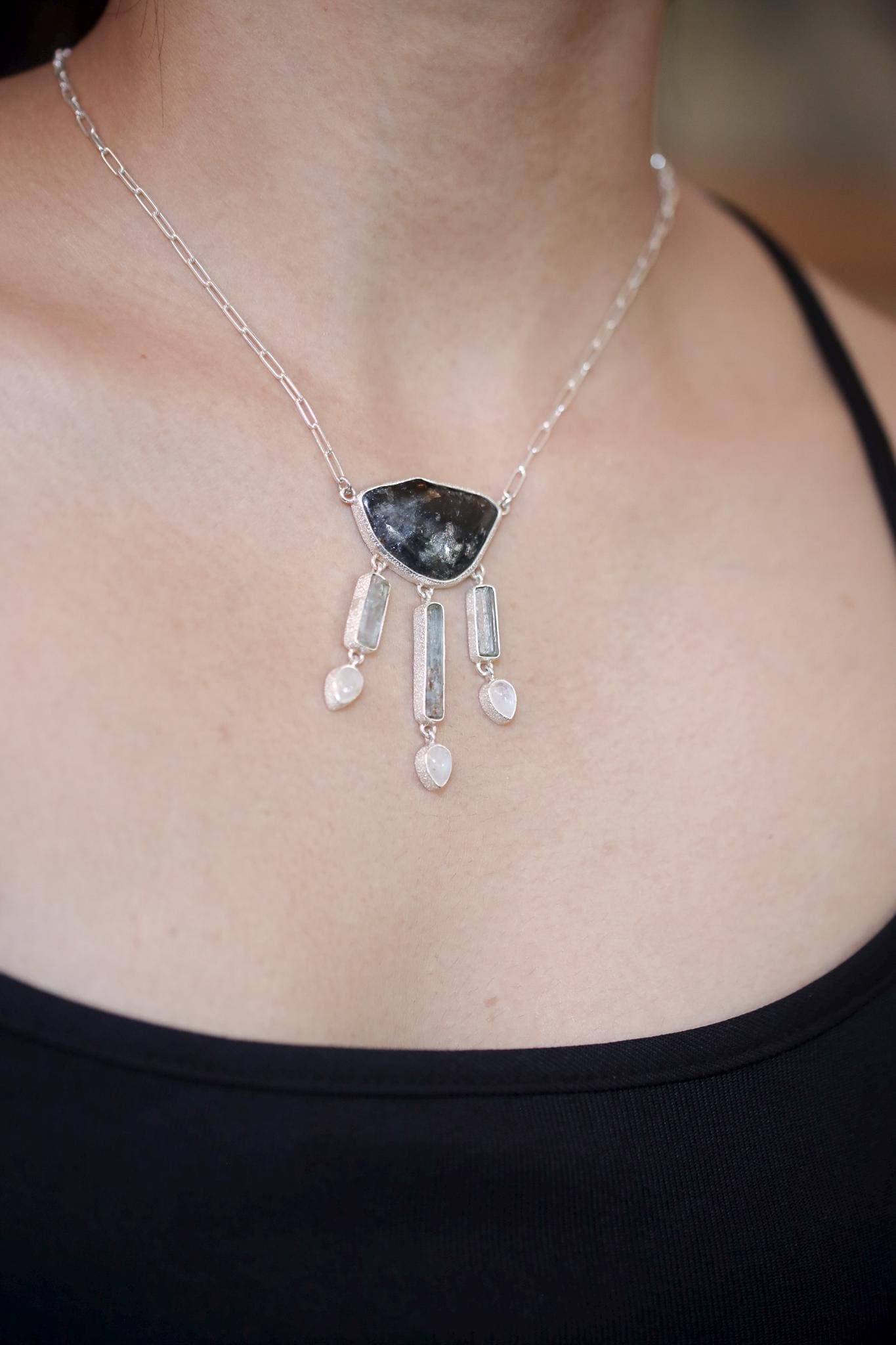 Slice of Gem Blue tourmaline, Raw Aquamarine sticks, Lemurian Angel Aura Quartz, Blue Moonstone Necklace, 925 Silver, High Shine Finish