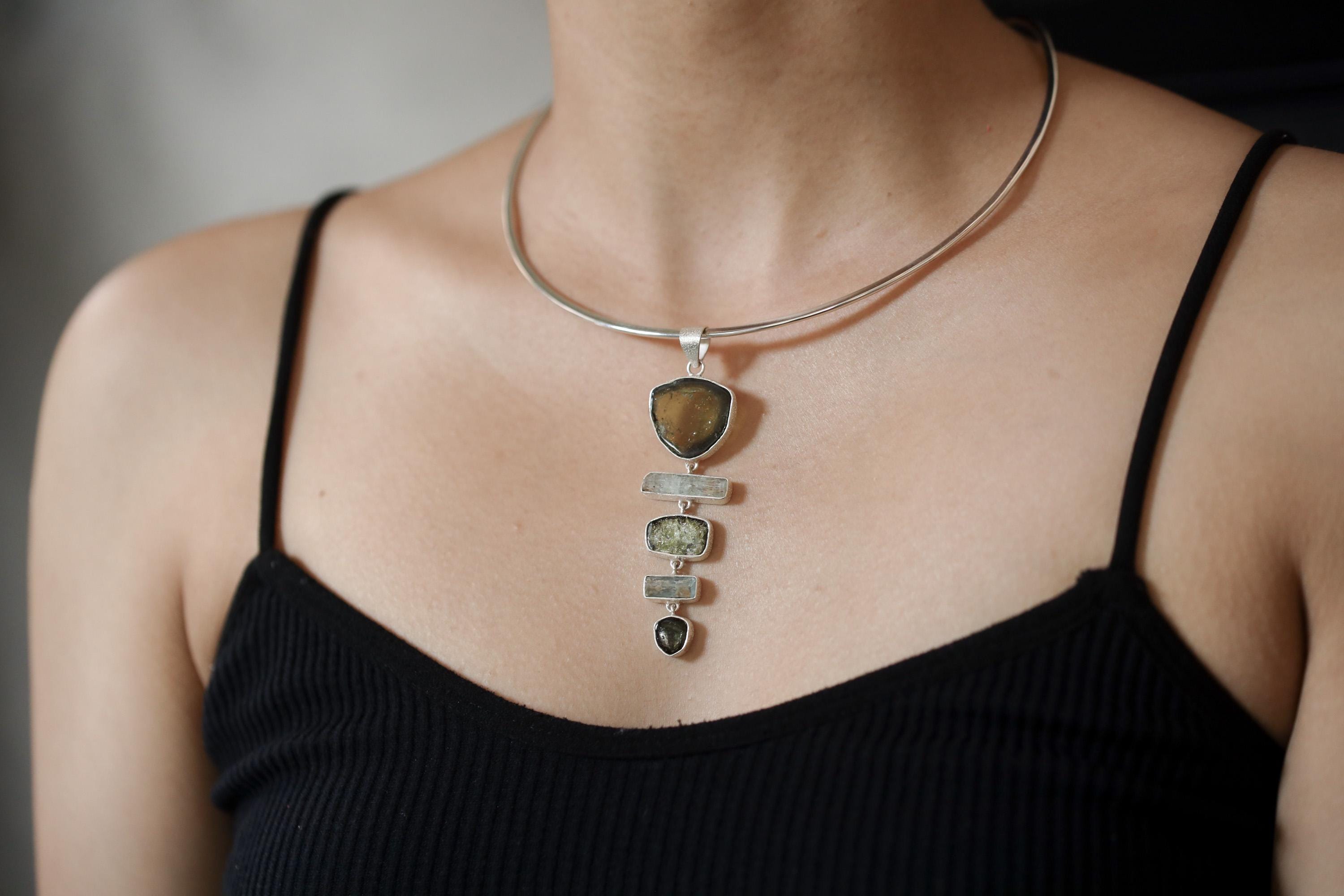 Green Tourmaline Gem Slice, Arizona Turquoise, DT Clear Quartz Point, Kunzite Pendant, 925 Silver, Organic Texture, Spiritual Jewelry Gift