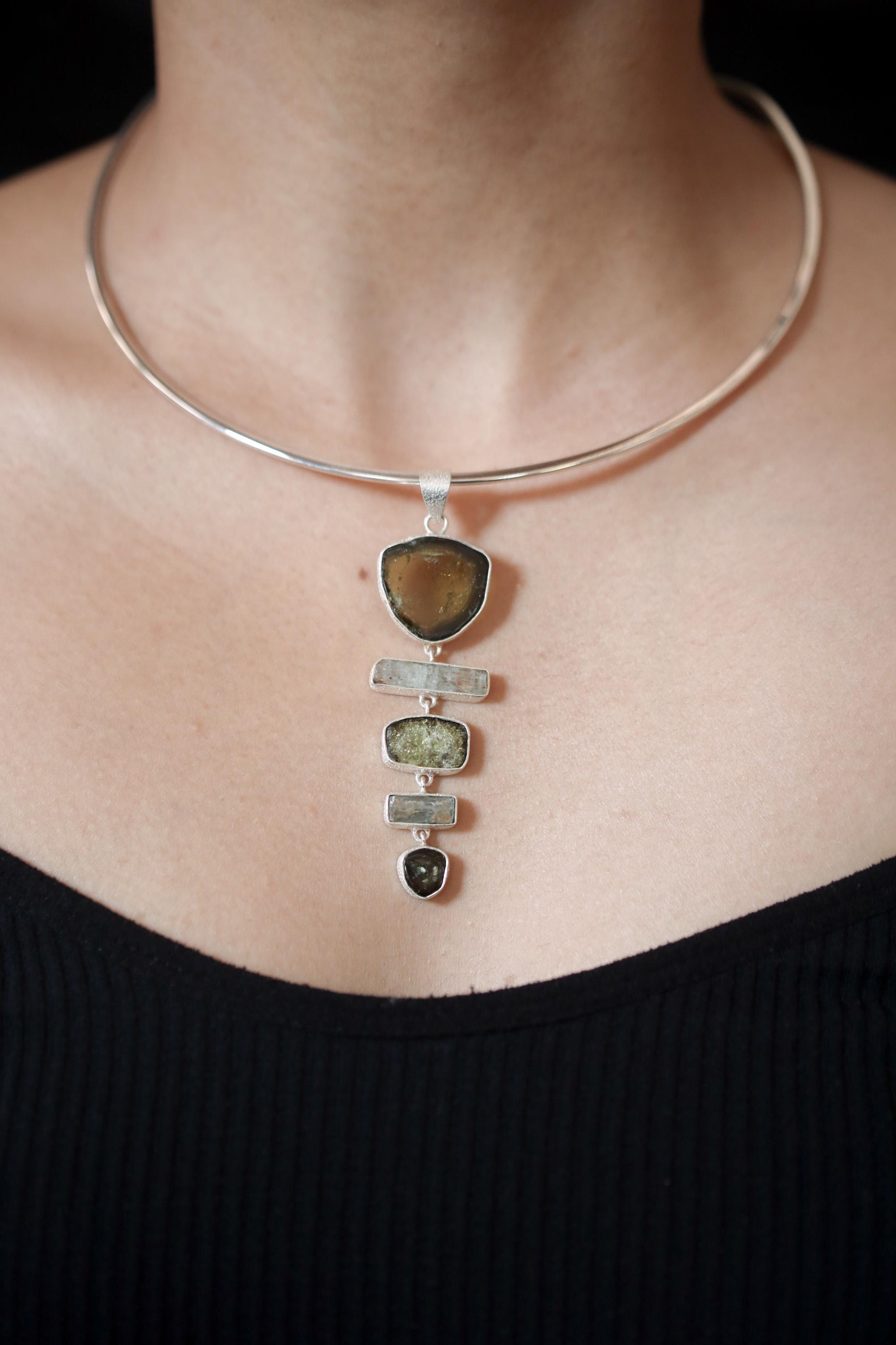 Green Tourmaline Gem Slice, Arizona Turquoise, DT Clear Quartz Point, Kunzite Pendant, 925 Silver, Organic Texture, Spiritual Jewelry Gift