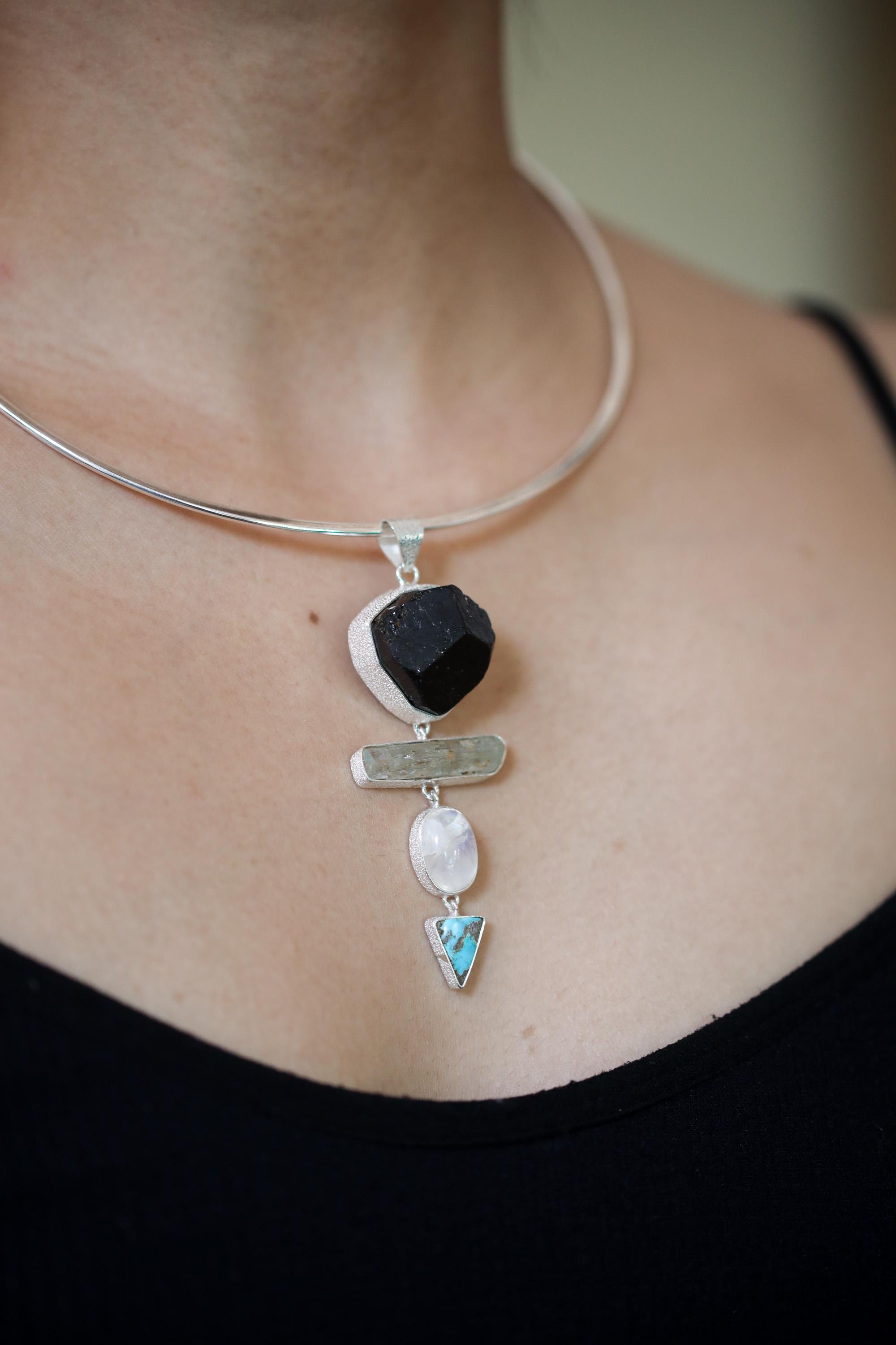 Raw Crystal Talisman Gift Dravite Tourmaline, Raw Aquamarine, blue Moonstone, Arizona Turquoise Pendant, Organic Texture 925 Silver