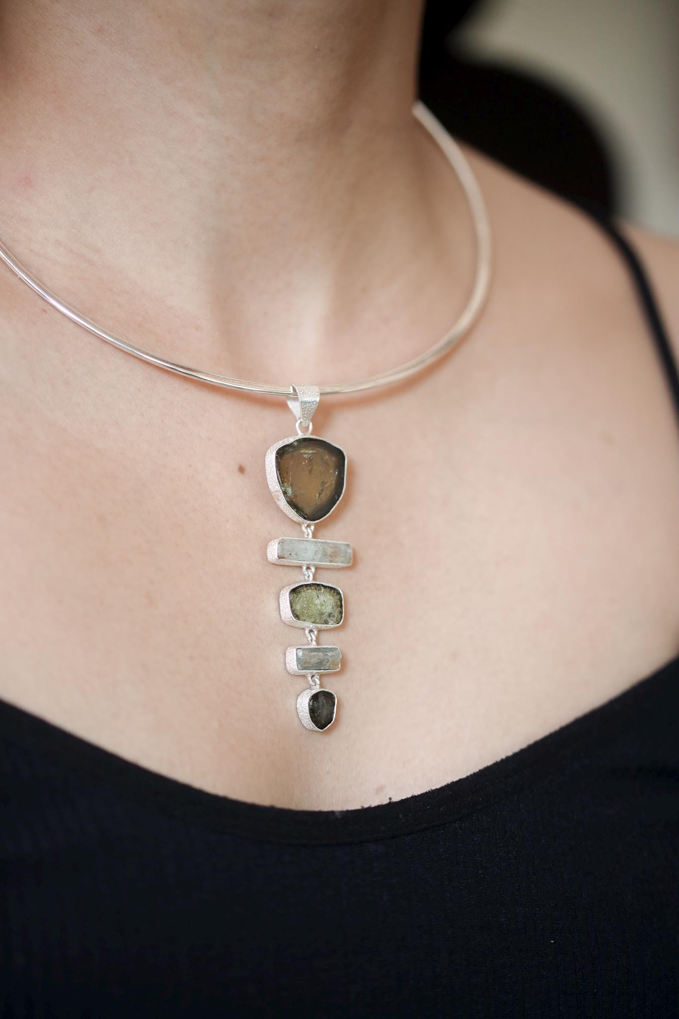 Green Tourmaline Slices, Raw Australian Aquamarine Sticks, Textured 925 Sterling Silver Pendant, Raw Crystal Jewelry, Healing Stone Gift