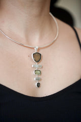 Green Tourmaline Slices, Raw Australian Aquamarine Sticks, Textured 925 Sterling Silver Pendant, Raw Crystal Jewelry, Healing Stone Gift