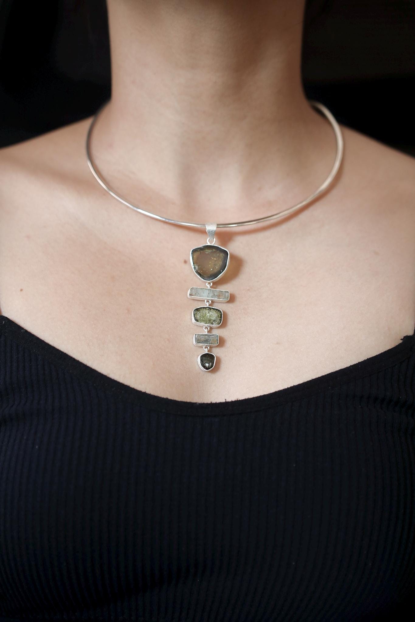 Green Tourmaline Slices, Raw Australian Aquamarine Sticks, Textured 925 Sterling Silver Pendant, Raw Crystal Jewelry, Healing Stone Gift
