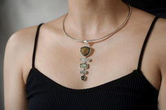 Green Tourmaline Slices, Raw Australian Aquamarine Sticks, Textured 925 Sterling Silver Pendant, Raw Crystal Jewelry, Healing Stone Gift
