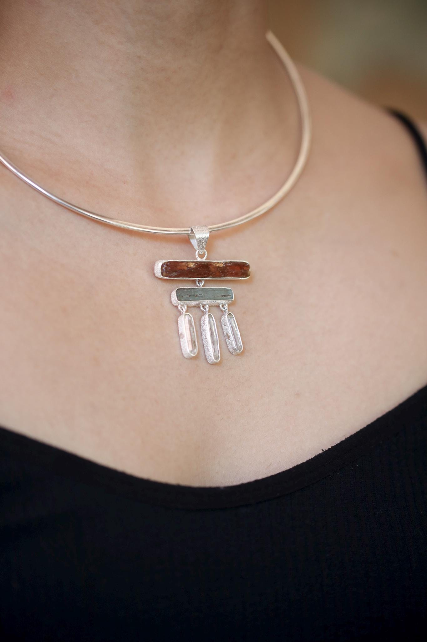 Raw Red Kyanite Aquamarine Pendant: Sterling Silver Healing Necklace