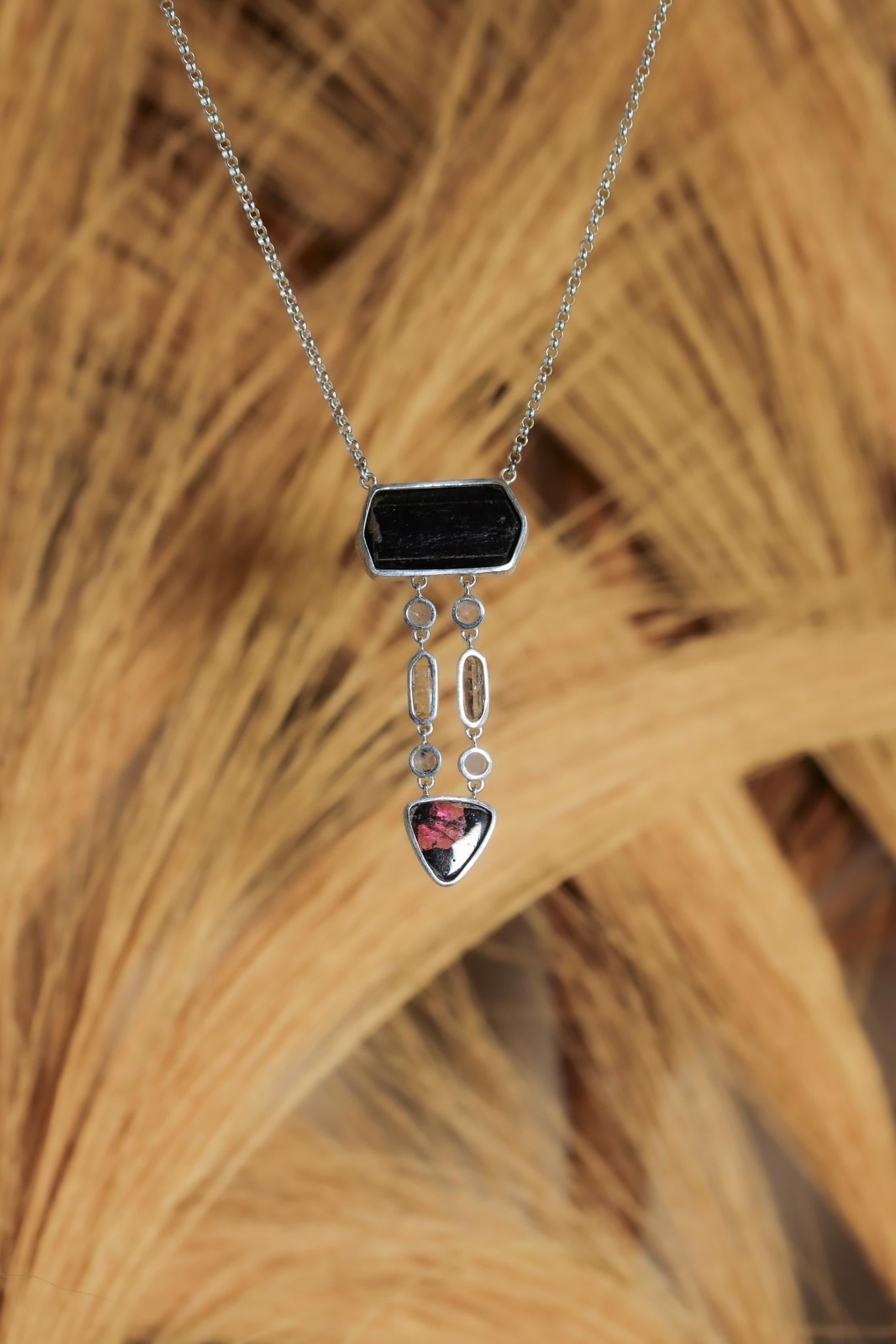 Dravite Tourmaline, Moonstone, Quartz & Rubellite Pendant, 925 Silver Organic Texture, Chakra Healing Crystal Jewelry, Boho Gift