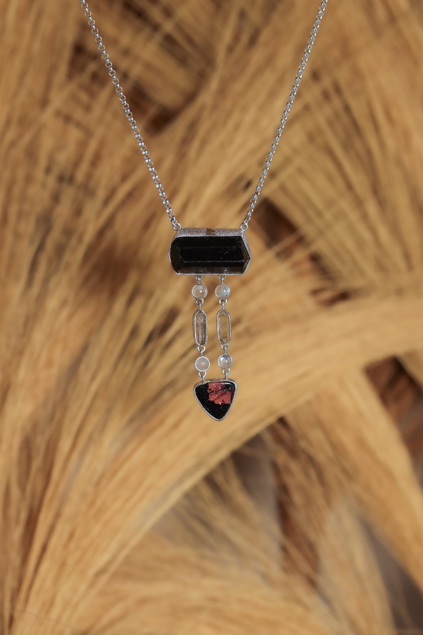 Dravite Tourmaline, Moonstone, Quartz & Rubellite Pendant, 925 Silver Organic Texture, Chakra Healing Crystal Jewelry, Boho Gift
