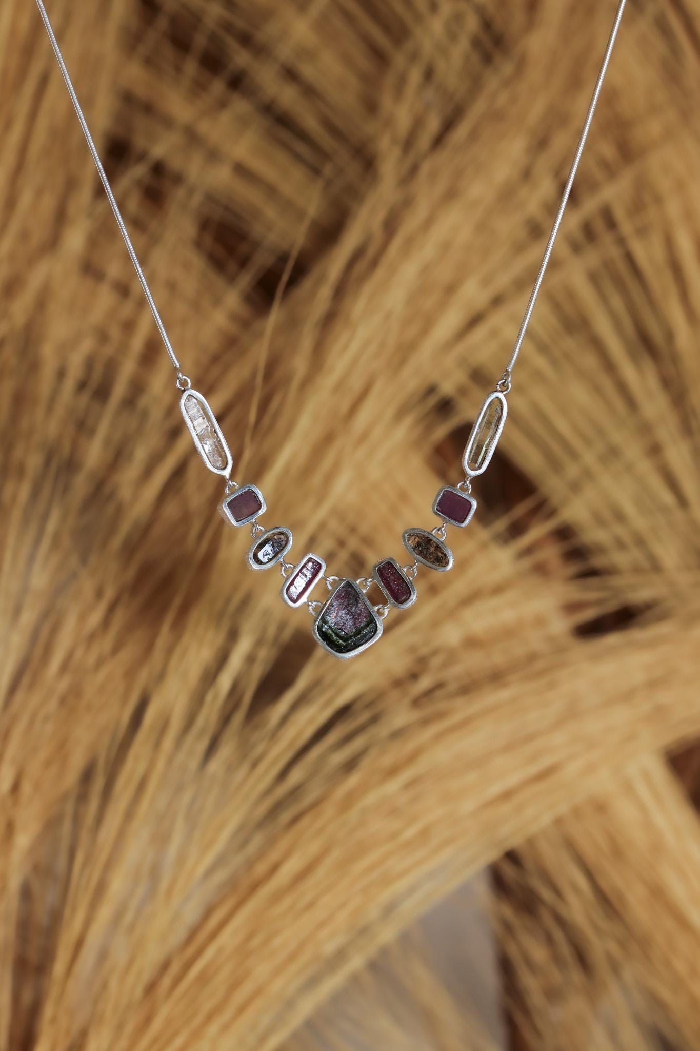 Petroleum Quartz Ruby Green Tourmaline Necklace 925 Sterling Silver Multi Stone Linked Talisman Jewelry