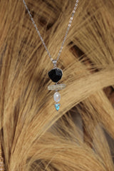 Raw Crystal Talisman Gift Dravite Tourmaline, Raw Aquamarine, blue Moonstone, Arizona Turquoise Pendant, Organic Texture 925 Silver