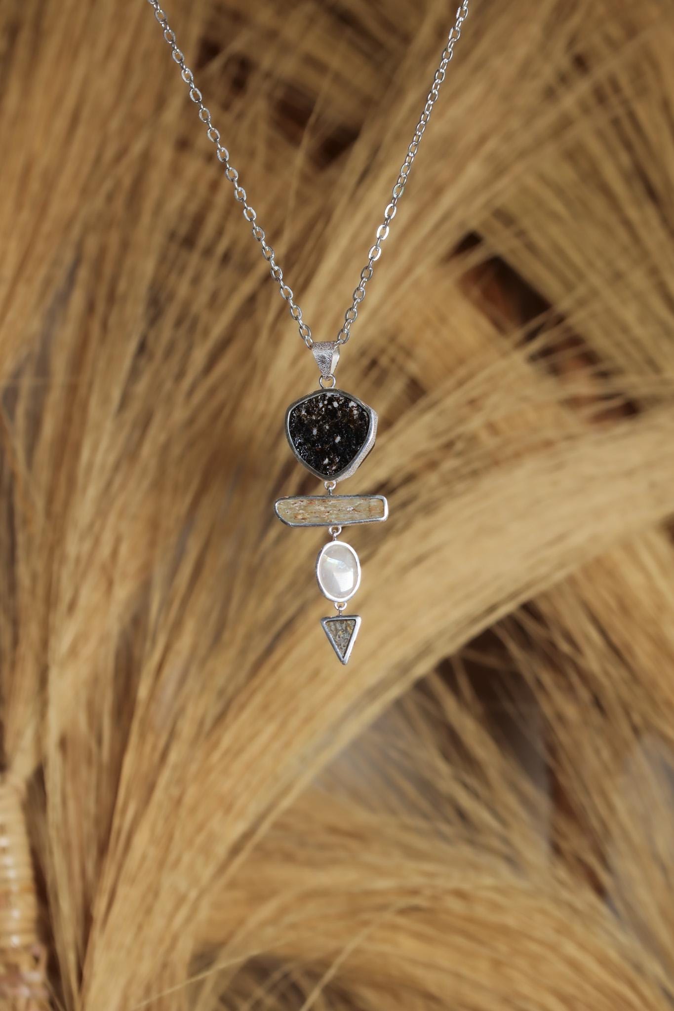 Raw Crystal Talisman Gift Dravite Tourmaline, Raw Aquamarine, blue Moonstone, Arizona Turquoise Pendant, Organic Texture 925 Silver