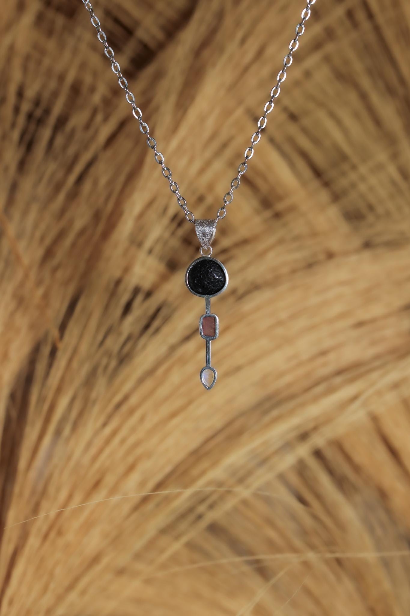 Garnet, Tektite, Amethyst, Blue Moonstone Pendant, 925 Silver, High Polish, Organic Textured Finish, Chakra Jewelry, Unique Gift for Her