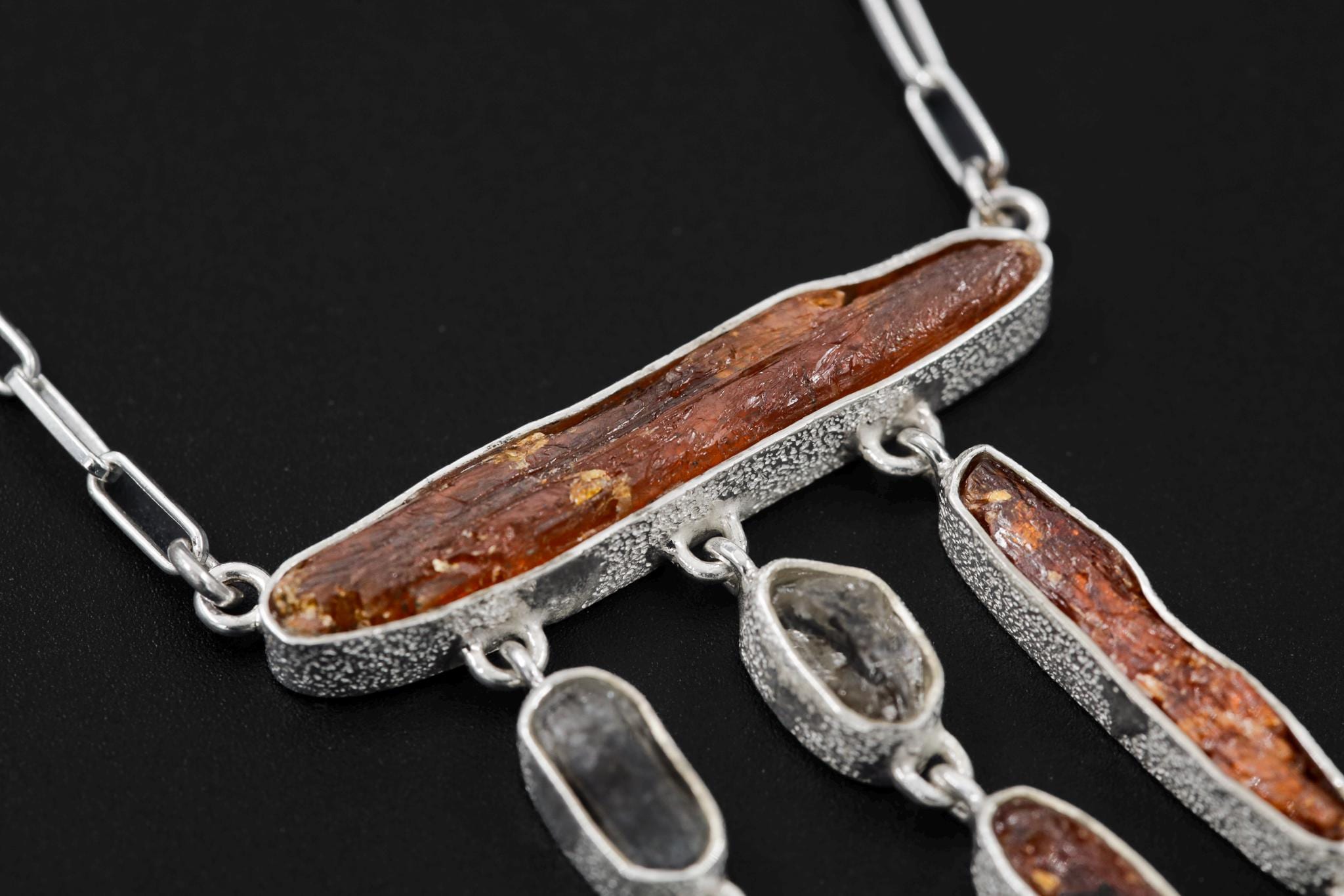 Red Kyanite & Petroleum Smoky Quartz Dangle Necklace, Sterling Silver, Organic Textured Finish, Raw Crystal Necklace, Boho Statement Jewelry