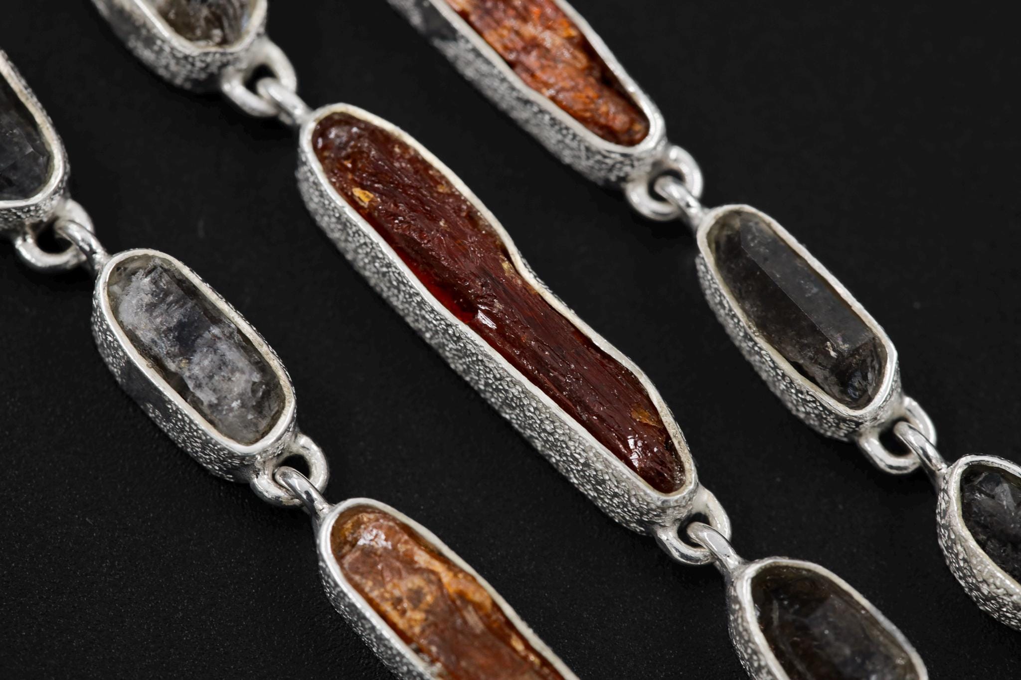Red Kyanite & Petroleum Smoky Quartz Dangle Necklace, Sterling Silver, Organic Textured Finish, Raw Crystal Necklace, Boho Statement Jewelry