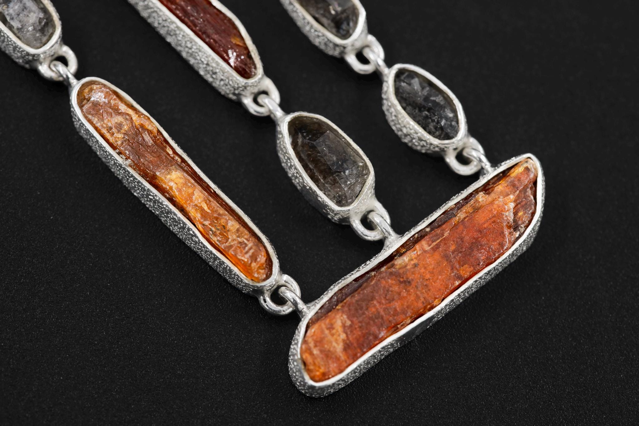 Red Kyanite & Petroleum Smoky Quartz Dangle Necklace, Sterling Silver, Organic Textured Finish, Raw Crystal Necklace, Boho Statement Jewelry