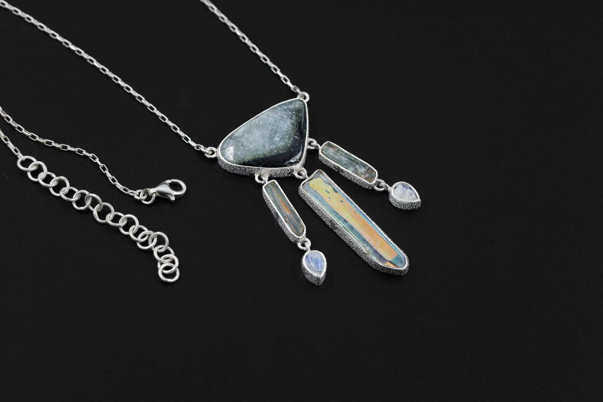 Slice of Gem Blue tourmaline, Raw Aquamarine sticks, Lemurian Angel Aura Quartz, Blue Moonstone Necklace, 925 Silver, High Shine Finish