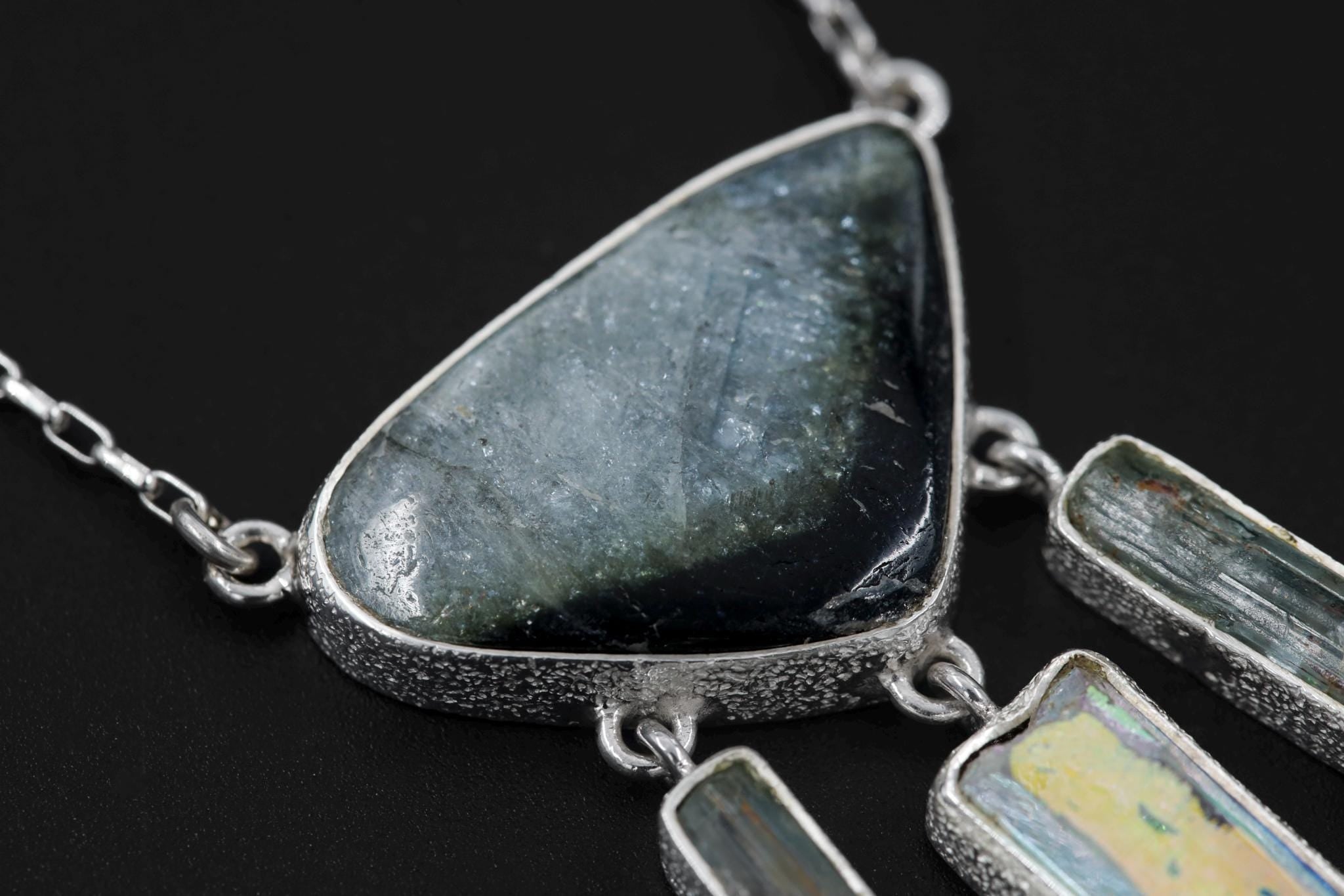 Slice of Gem Blue tourmaline, Raw Aquamarine sticks, Lemurian Angel Aura Quartz, Blue Moonstone Necklace, 925 Silver, High Shine Finish