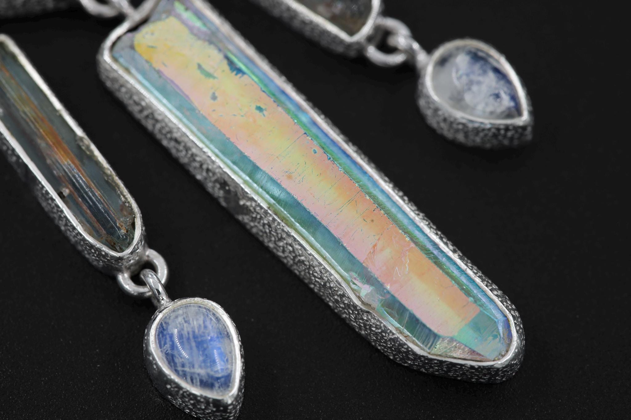 Slice of Gem Blue tourmaline, Raw Aquamarine sticks, Lemurian Angel Aura Quartz, Blue Moonstone Necklace, 925 Silver, High Shine Finish