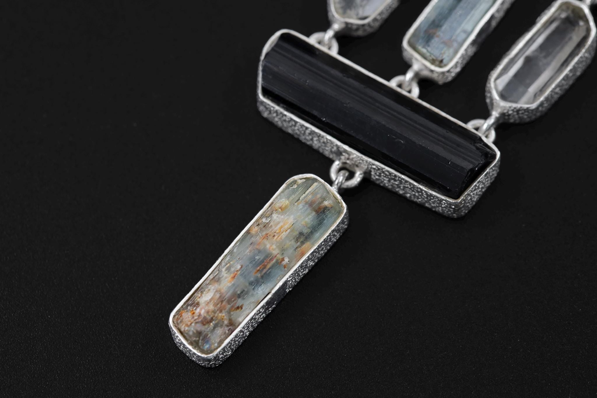 Black tourmaline Wand, Double Terminated Quartz Points, and Aquamarine Stick 925 Silver, High Shine Finish, Energy Protection Gift