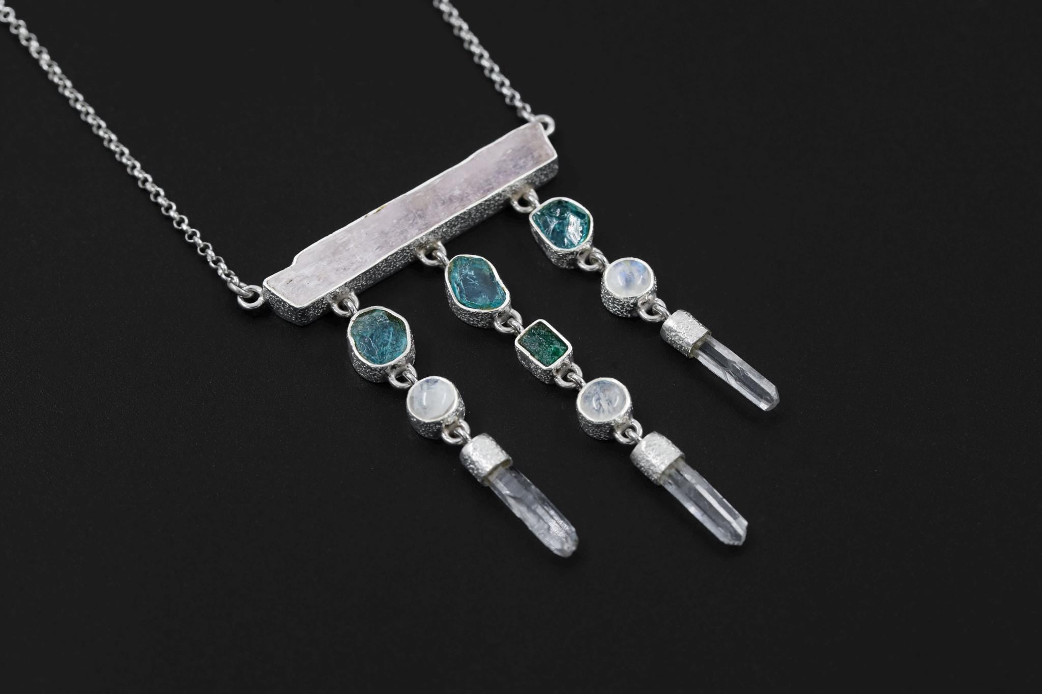 Pink Kunzite, Blue Apatite, Moonstone, Clear Quartz Necklace, 925 Silver, Raw Crystal Dangle, Feminine Energy Jewelry, Spiritual Boho Gift