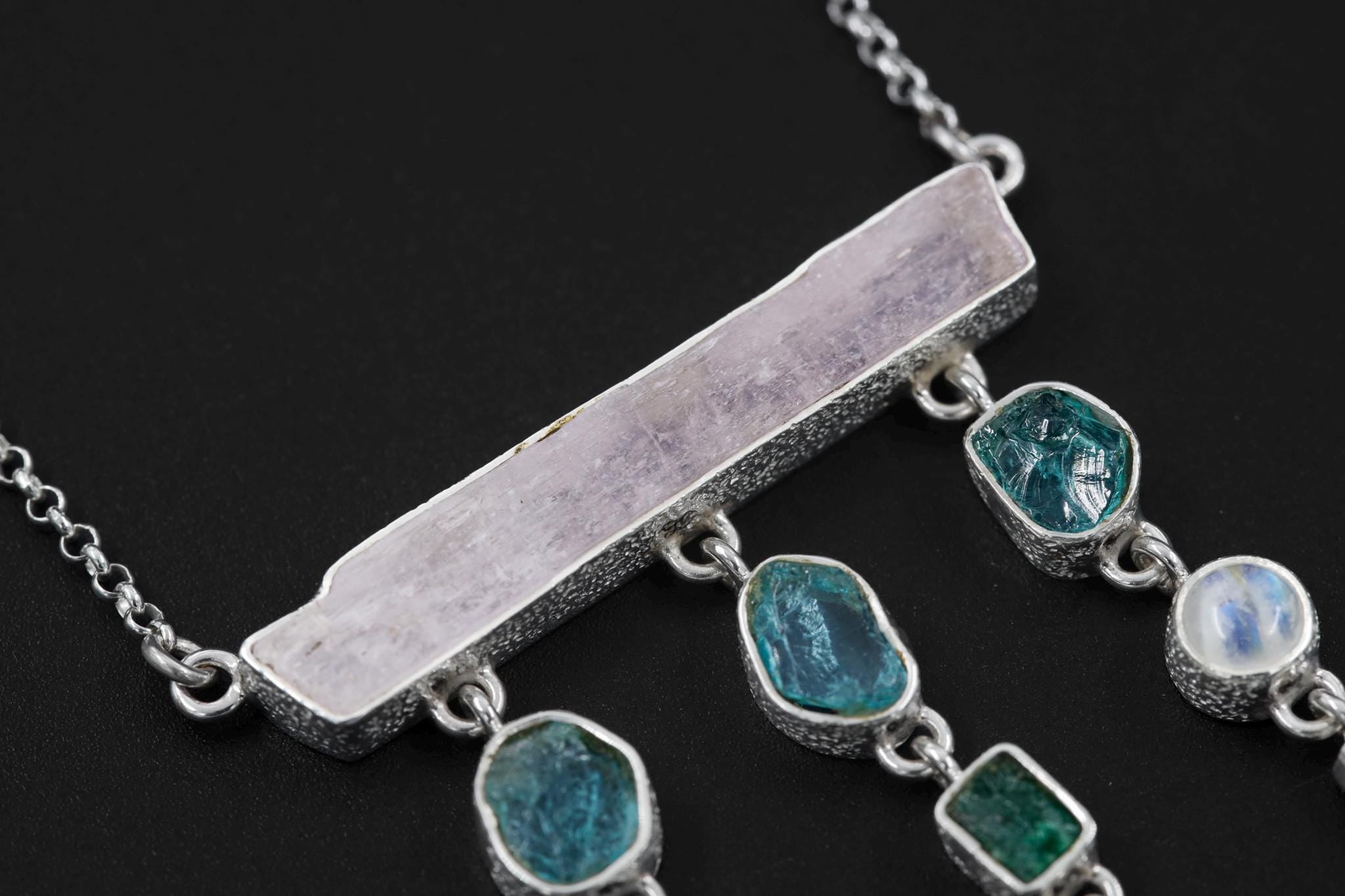 Pink Kunzite, Blue Apatite, Moonstone, Clear Quartz Necklace, 925 Silver, Raw Crystal Dangle, Feminine Energy Jewelry, Spiritual Boho Gift