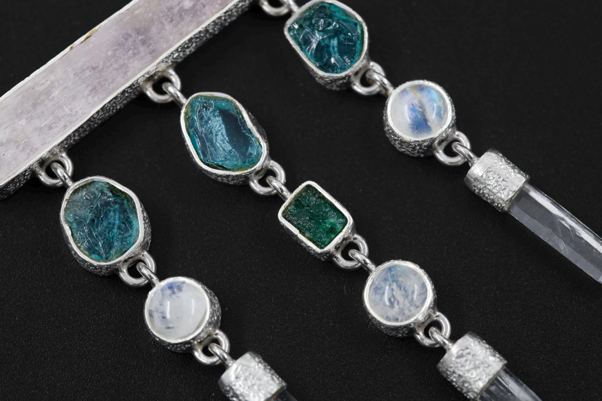 Pink Kunzite, Blue Apatite, Moonstone, Clear Quartz Necklace, 925 Silver, Raw Crystal Dangle, Feminine Energy Jewelry, Spiritual Boho Gift