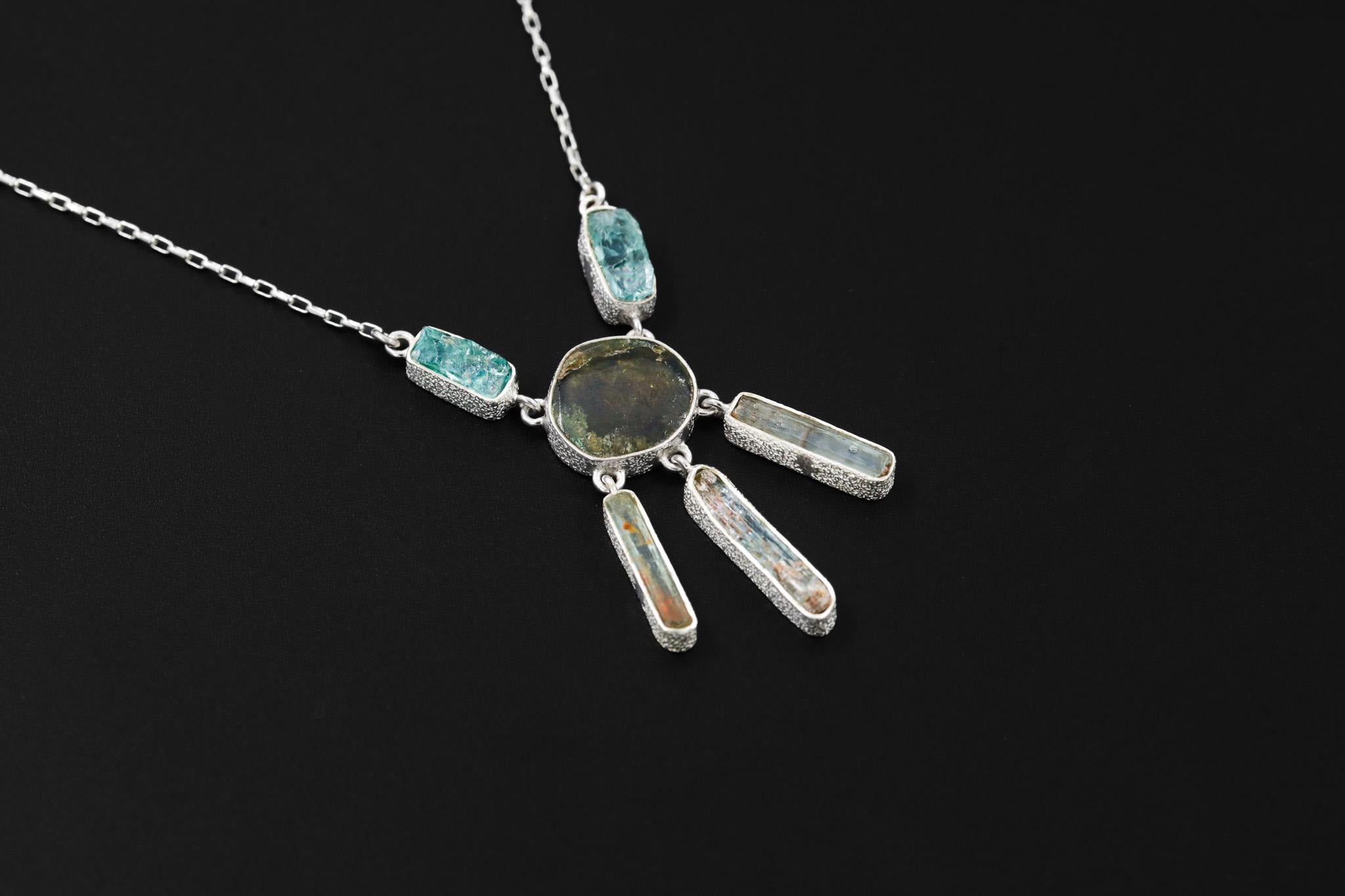 Green Tourmaline Apatite Aquamarine Necklace 925 Silver Forest Tide Pendant Heart Throat Chakra Gift