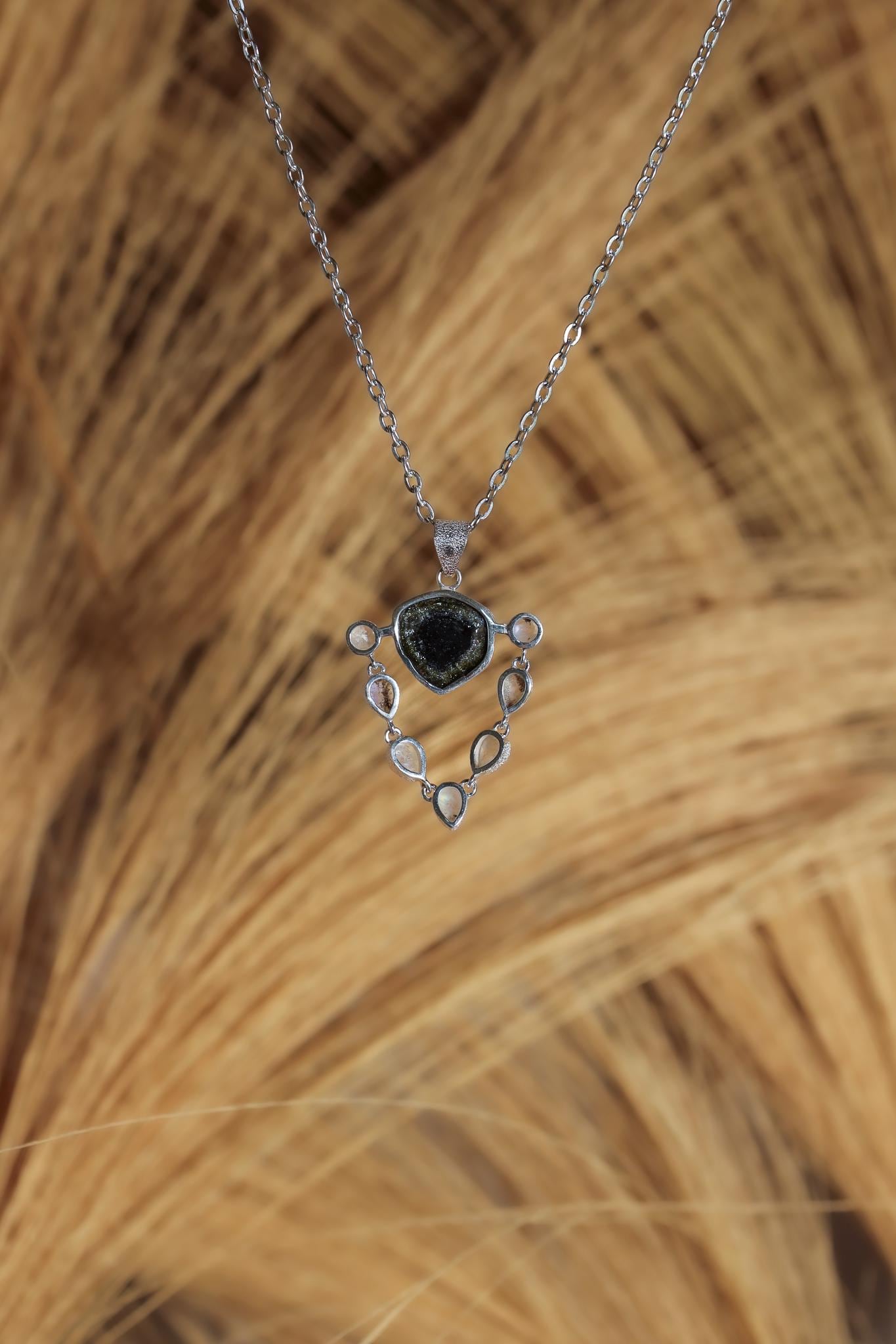 Spiritual Talisman Jewelry, Green Gem Tourmaline Slice, Blue Teardrop Moonstone Pendant, 925 Silver, Polished Organic Texture, Unique Gift