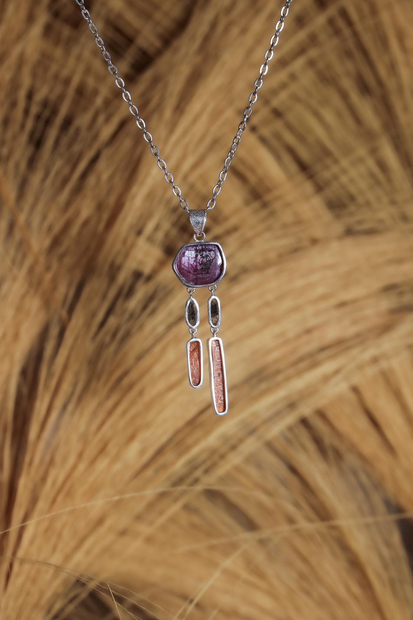 Dream Catcher Dangle Raw Gem Ruby, Petroleum Smoky Quartz & Rare Red Gem Kyanite Pendant, 925 Silver, Organic Texture, Crystal talisman Gift