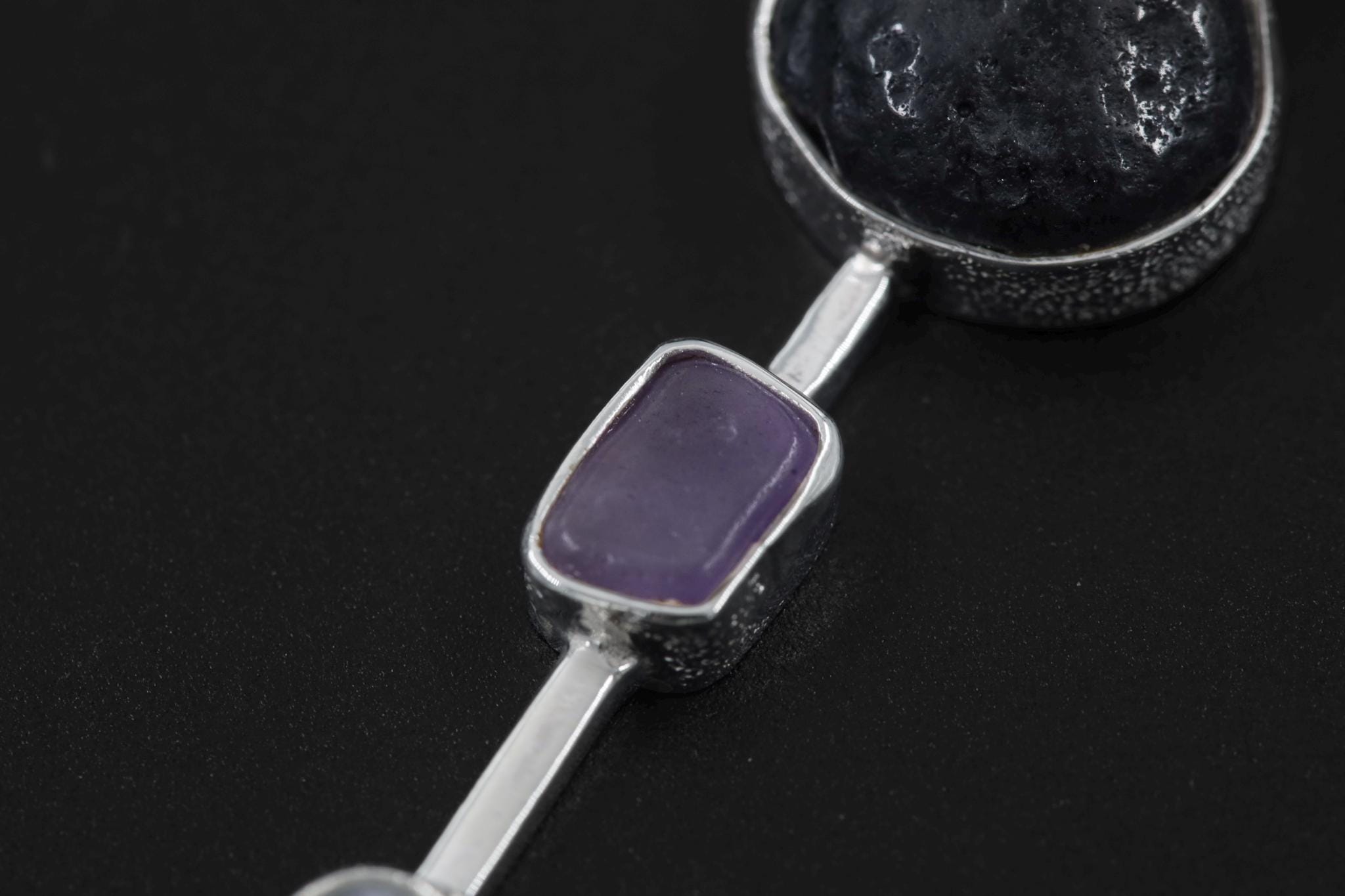 Garnet, Tektite, Amethyst, Blue Moonstone Pendant, 925 Silver, High Polish, Organic Textured Finish, Chakra Jewelry, Unique Gift for Her