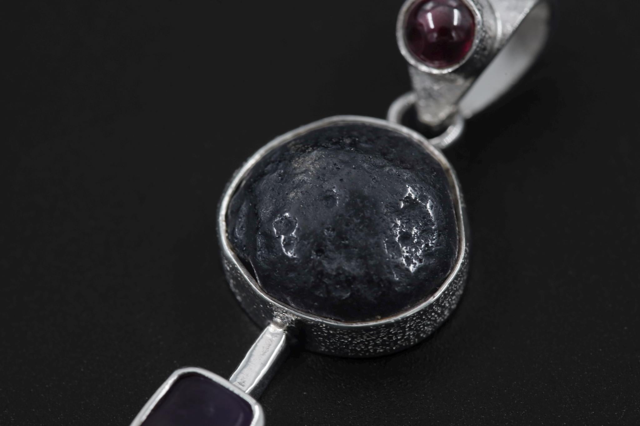 Garnet, Tektite, Amethyst, Blue Moonstone Pendant, 925 Silver, High Polish, Organic Textured Finish, Chakra Jewelry, Unique Gift for Her