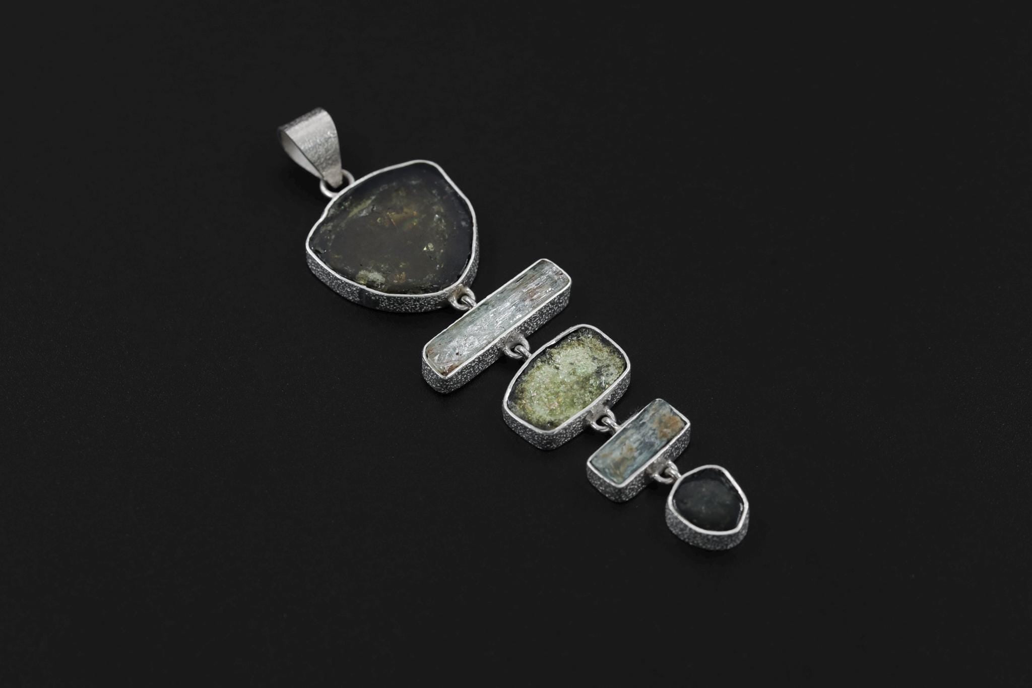 Green Tourmaline Slices, Raw Australian Aquamarine Sticks, Textured 925 Sterling Silver Pendant, Raw Crystal Jewelry, Healing Stone Gift